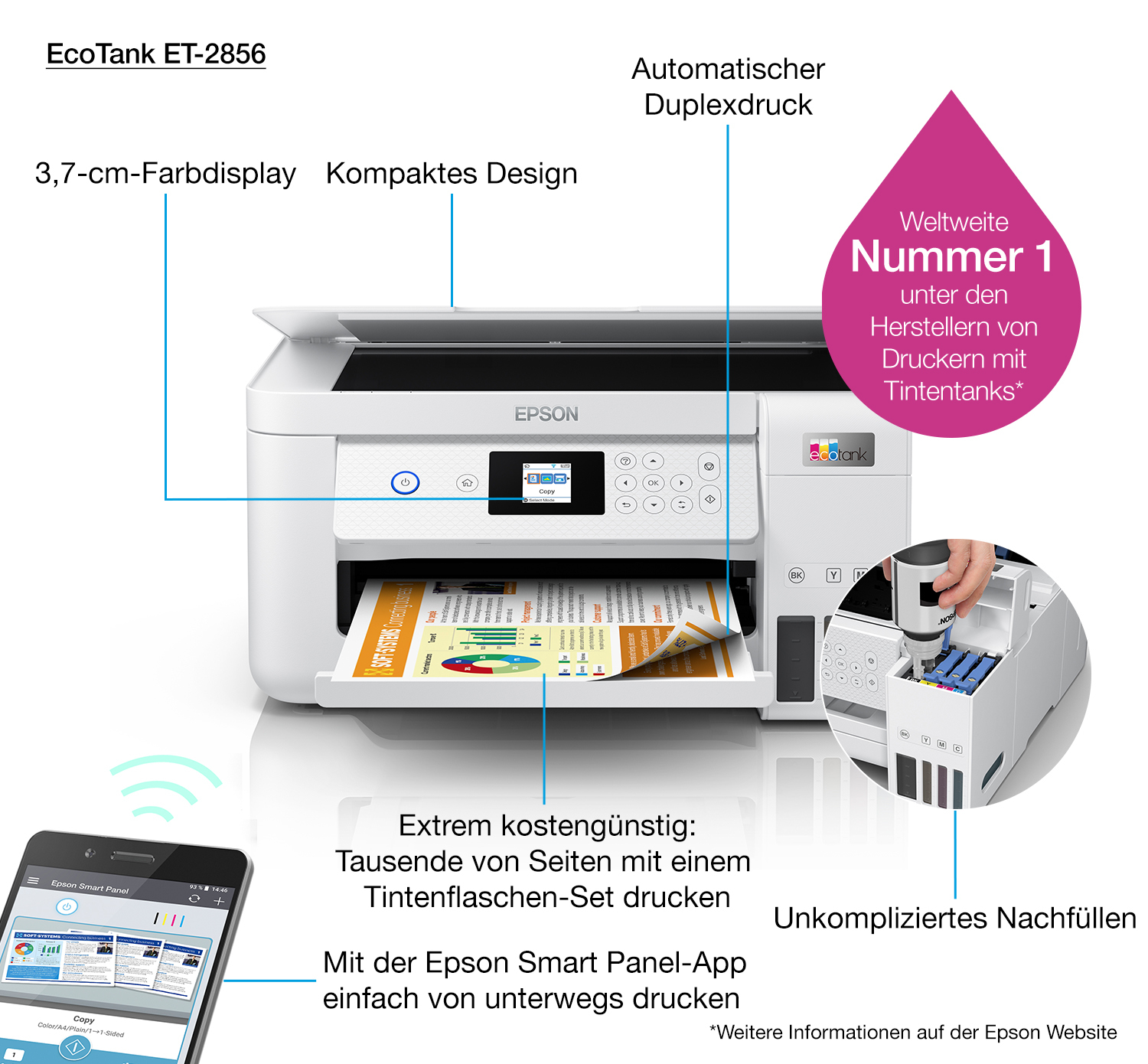 Epson EcoTank ET-2856 - Multifunktionsdrucker - Farbe - Tintenstrahl - wiederbefüllbar - A4 (Medien)