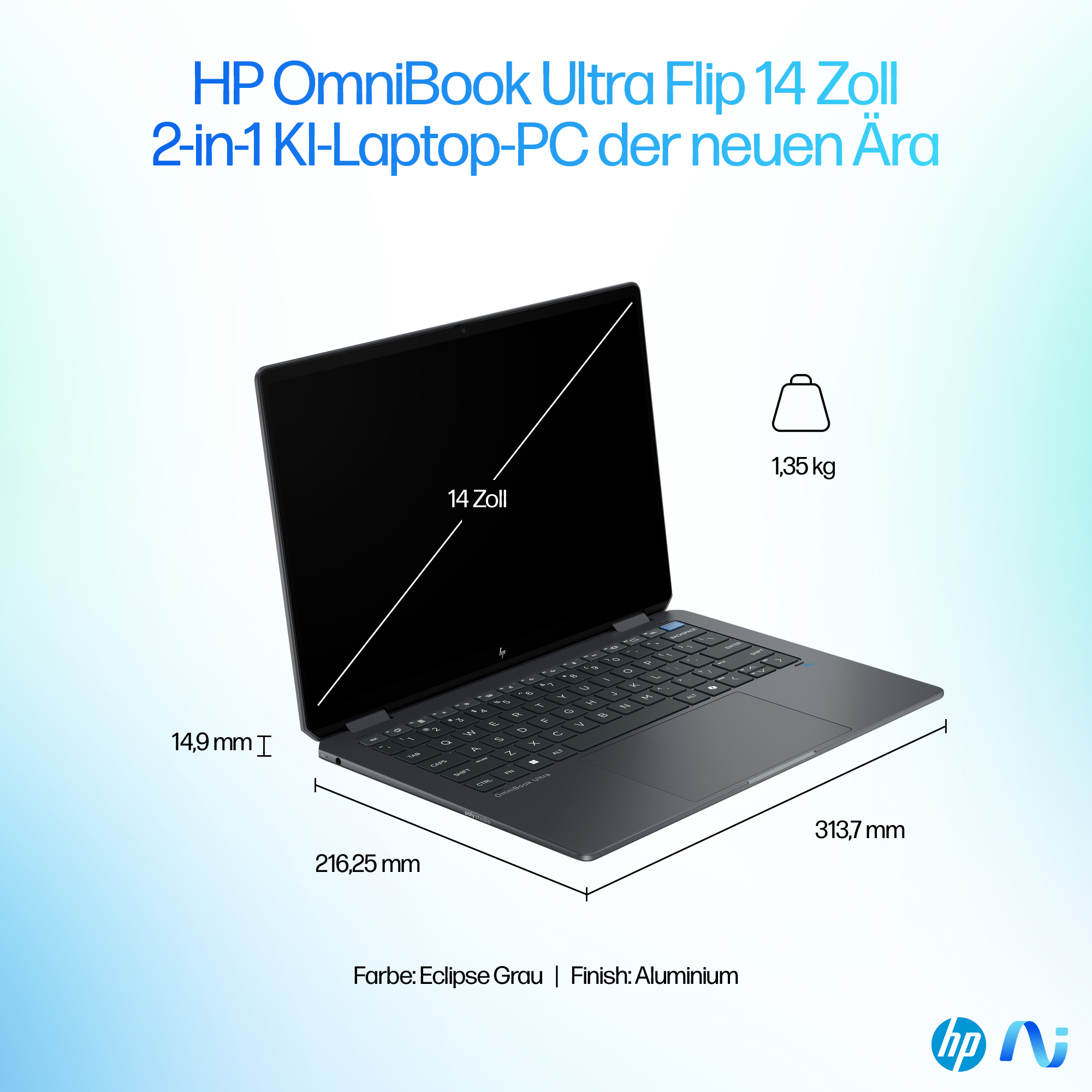 HP OmniBook Ultra Flip 14-fh0678ng, Intel Core Ultra 7, 35,6 cm (14"), 2880 x 1800 Pixel, 32 GB, 1 T