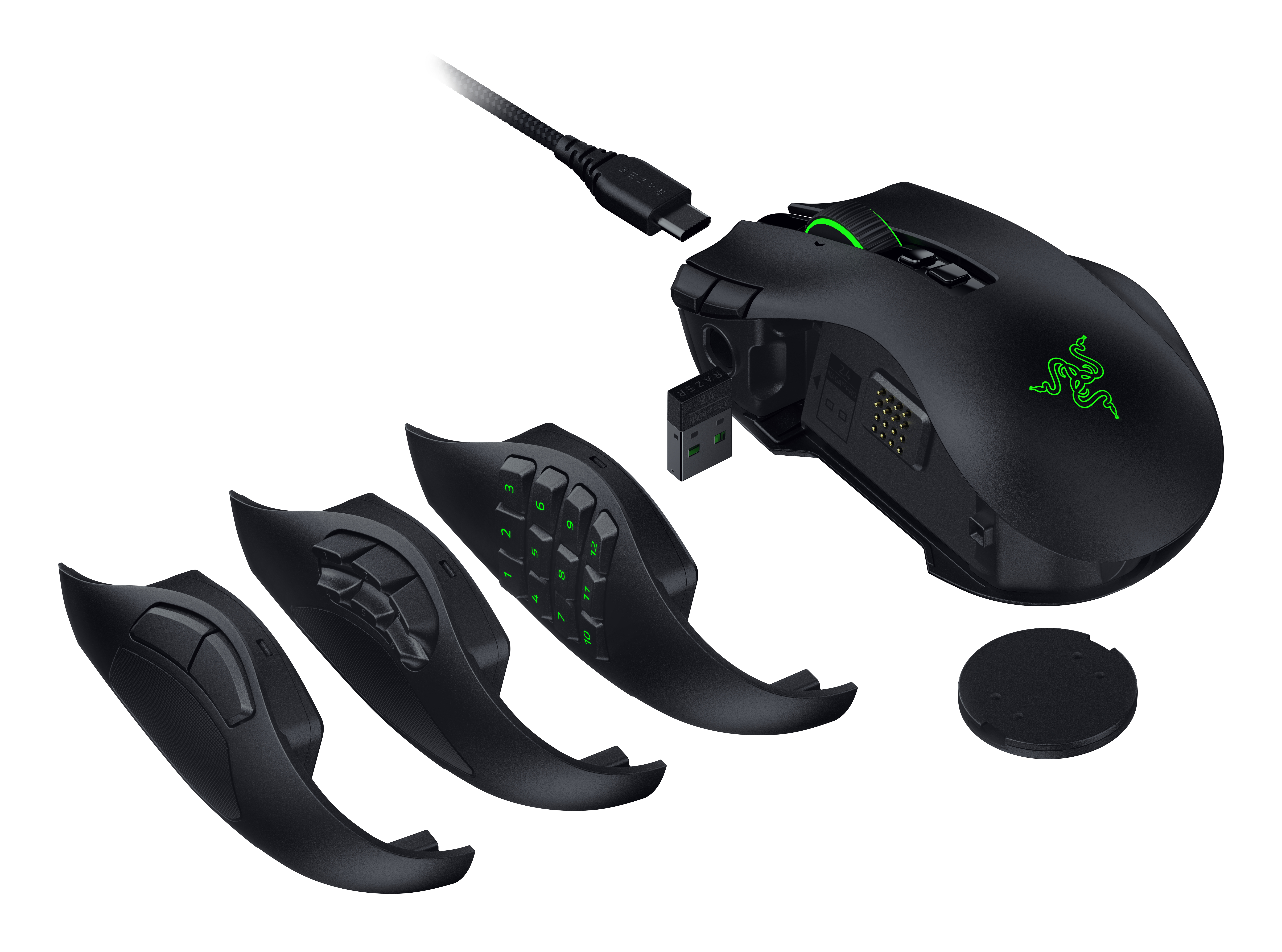 Razer Naga V3 Pro, Rechts, Optisch, RF Wireless + Bluetooth + USB Type-C, 50000 DPI, Schwarz
