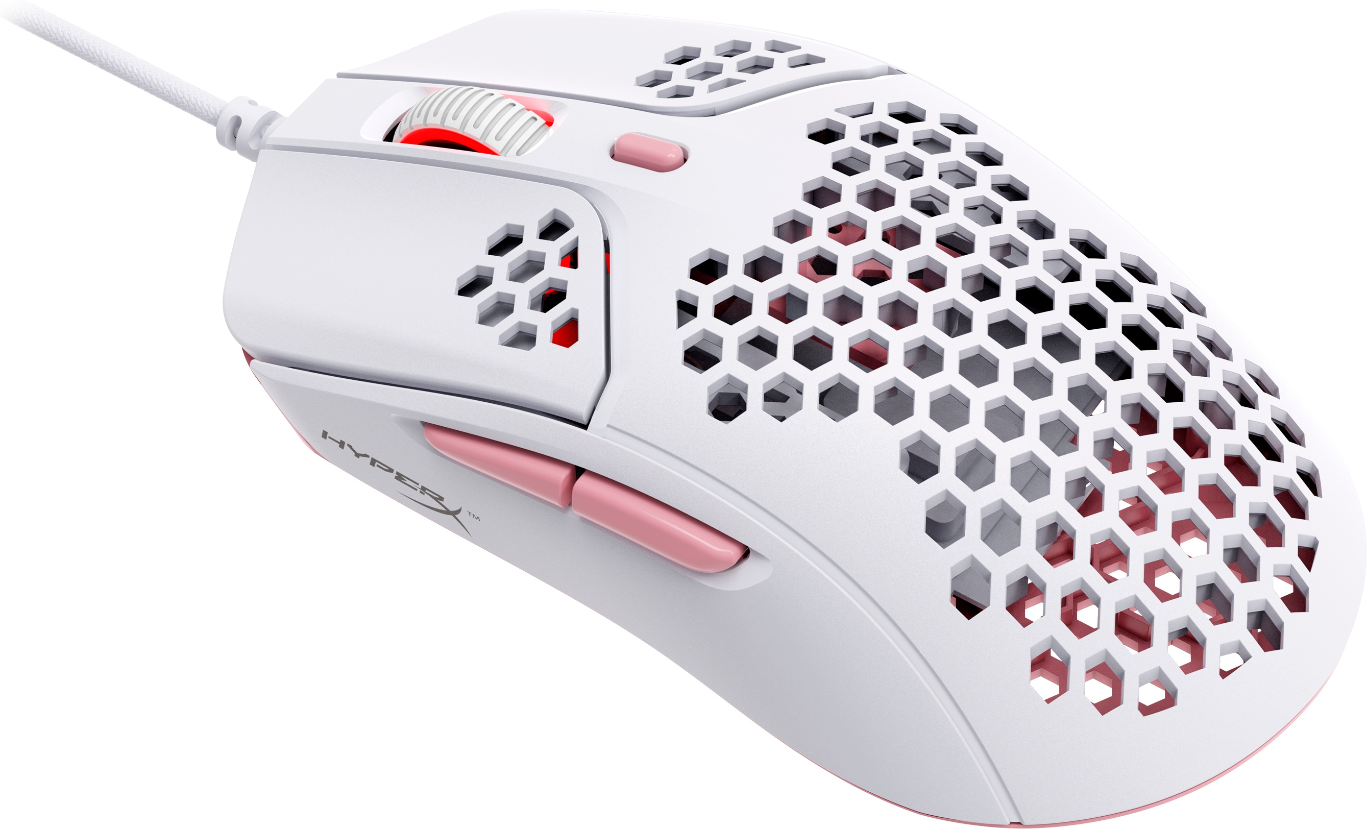 HP HyperX Pulsefire Haste ? Gaming-Maus (Weiß-Pink), Beidhändig, Optisch, USB Typ-A, 3200 DPI, Pink,