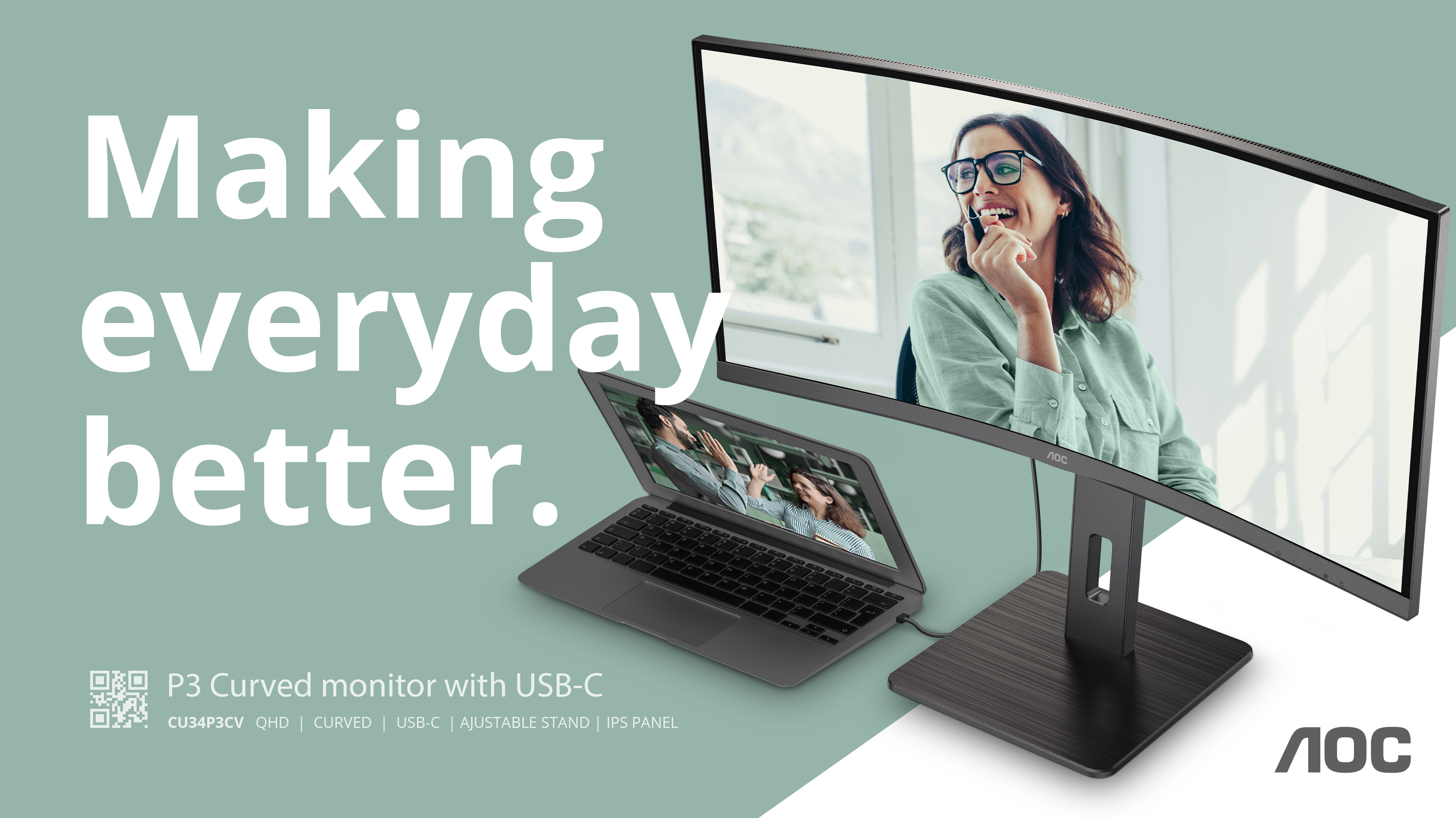 AOC Pro-line CU34P3CV Curved-Monitor 86.36cm (34") UWQHD, VA, 4ms, HDMI, Displayport, USB