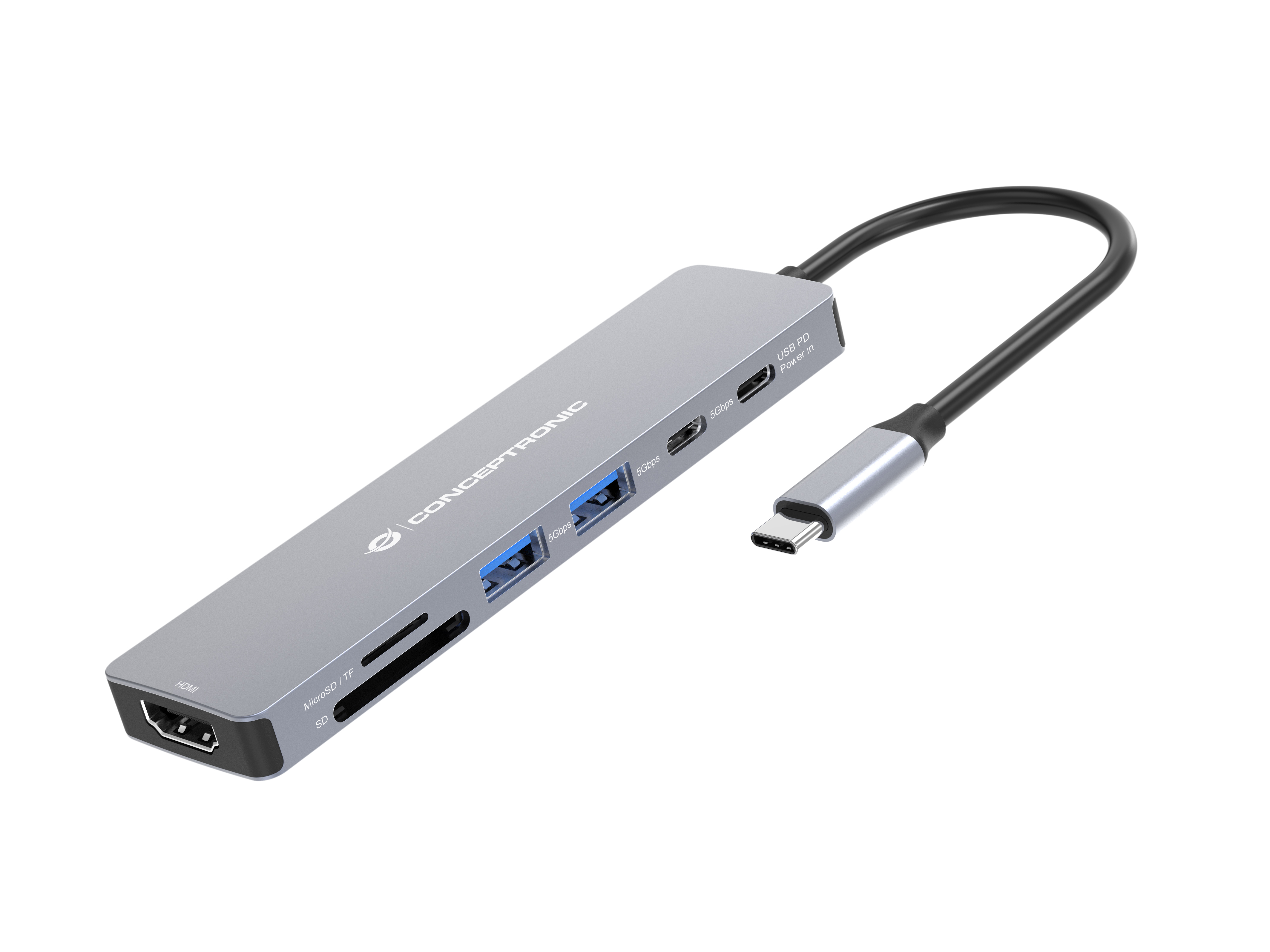 Conceptronic DONN28G 7-in-1 USB 3.2 Gen 1 Dockingstation, 4K60Hz HDMI, USB-A 5Gbps x 2, USB-C 5Gbps,