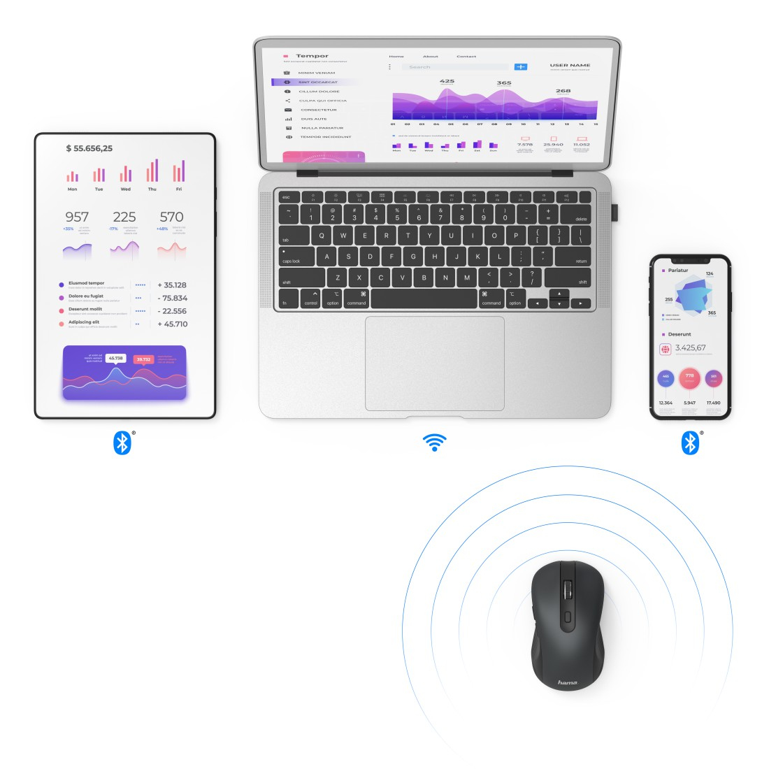 Hama MW-650 - Maus - Für Rechtshänder - optisch - 6 Tasten - kabellos - 2.4 GHz, Bluetooth 5.0 - kab