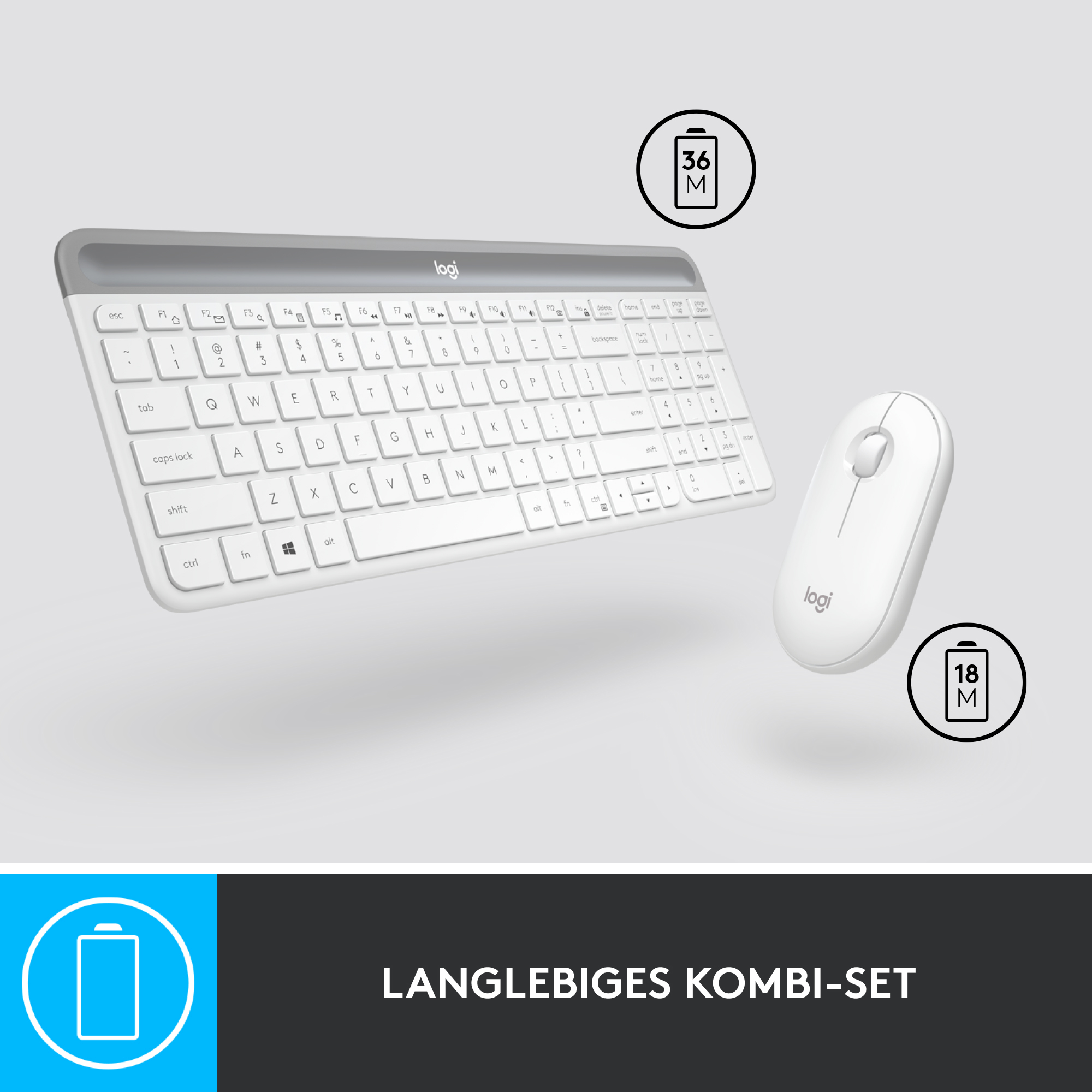 Logitech MK470, Volle Größe (100%), Kabellos, RF Wireless, Weiß, Maus enthalten