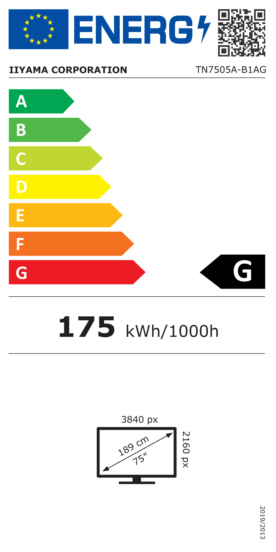 EU-Energielabel Iiyama ProLite TN7505A-B1AG - 190 cm (75") Diagonalklasse (189.273 cm (74.52")
