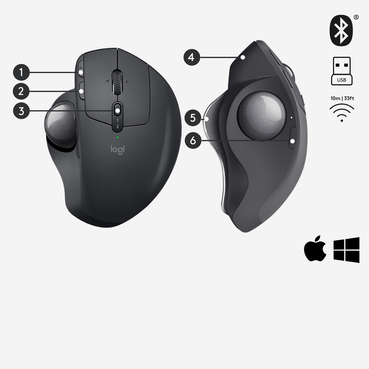 Logitech MX ERGO - Trackball - optisch - 8 Tasten - kabellos - Bluetooth, 2.4 GHz - kabelloser Empfä