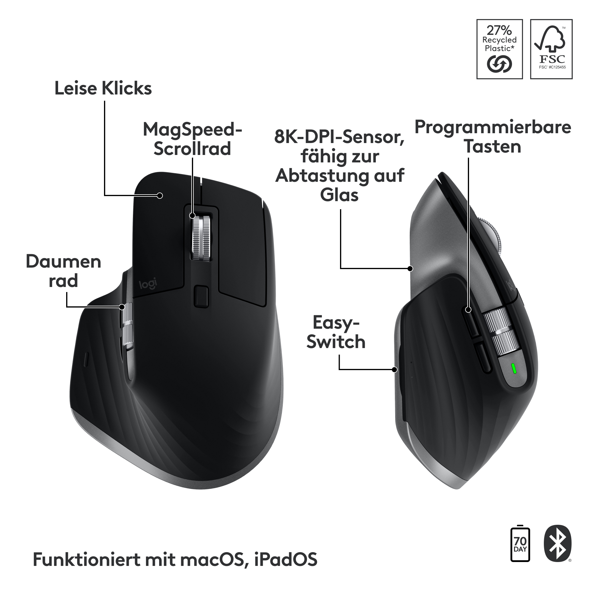 Logitech Keys S for Mac, Space Gray, schwarz/grau, LEDs weiß, Logi Bolt, USB/Bluetooth, DE