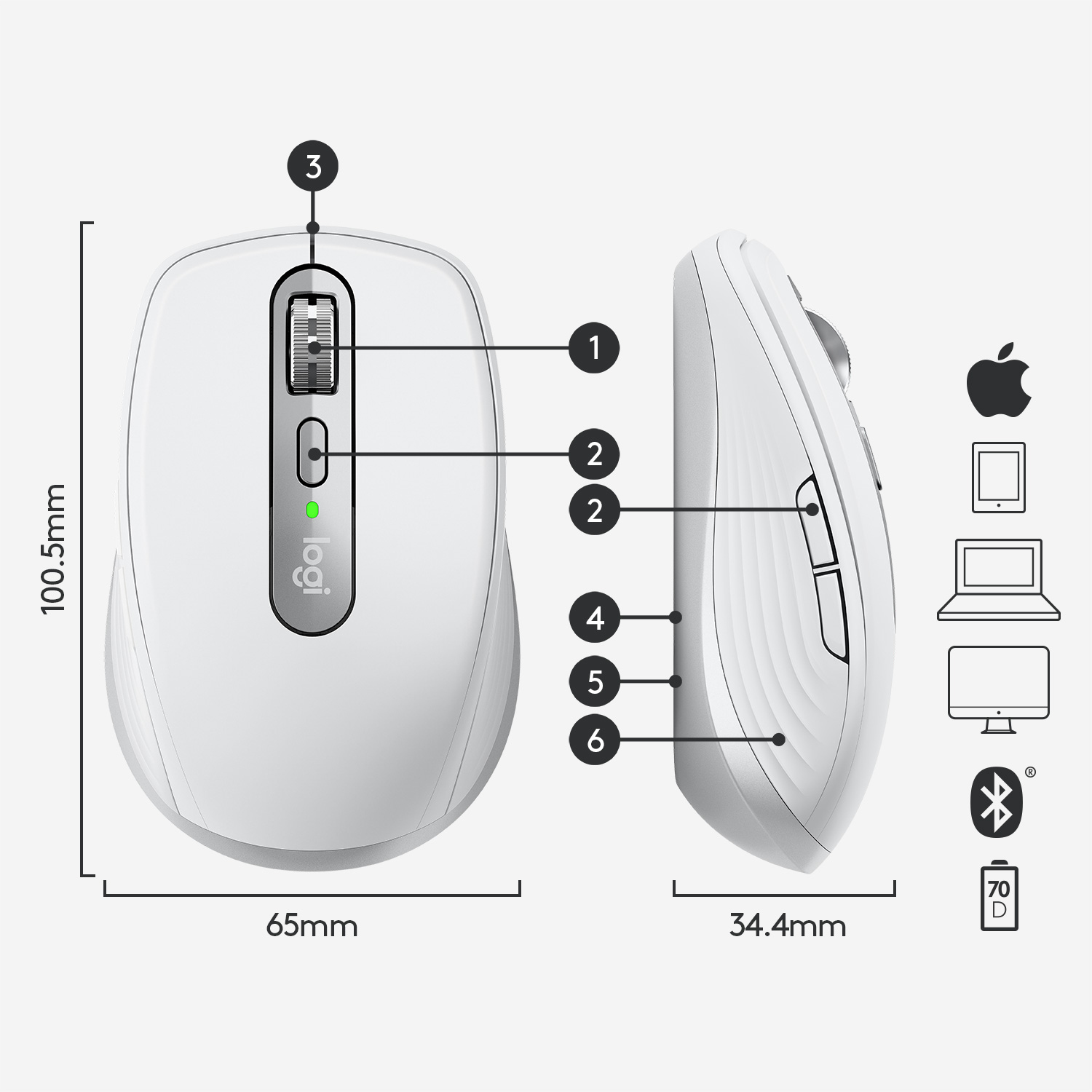 Logitech MX Anywhere 3 for Mac - Maus - Laser - 6 Tasten - kabellos - Bluetooth - kabelloser Empfäng