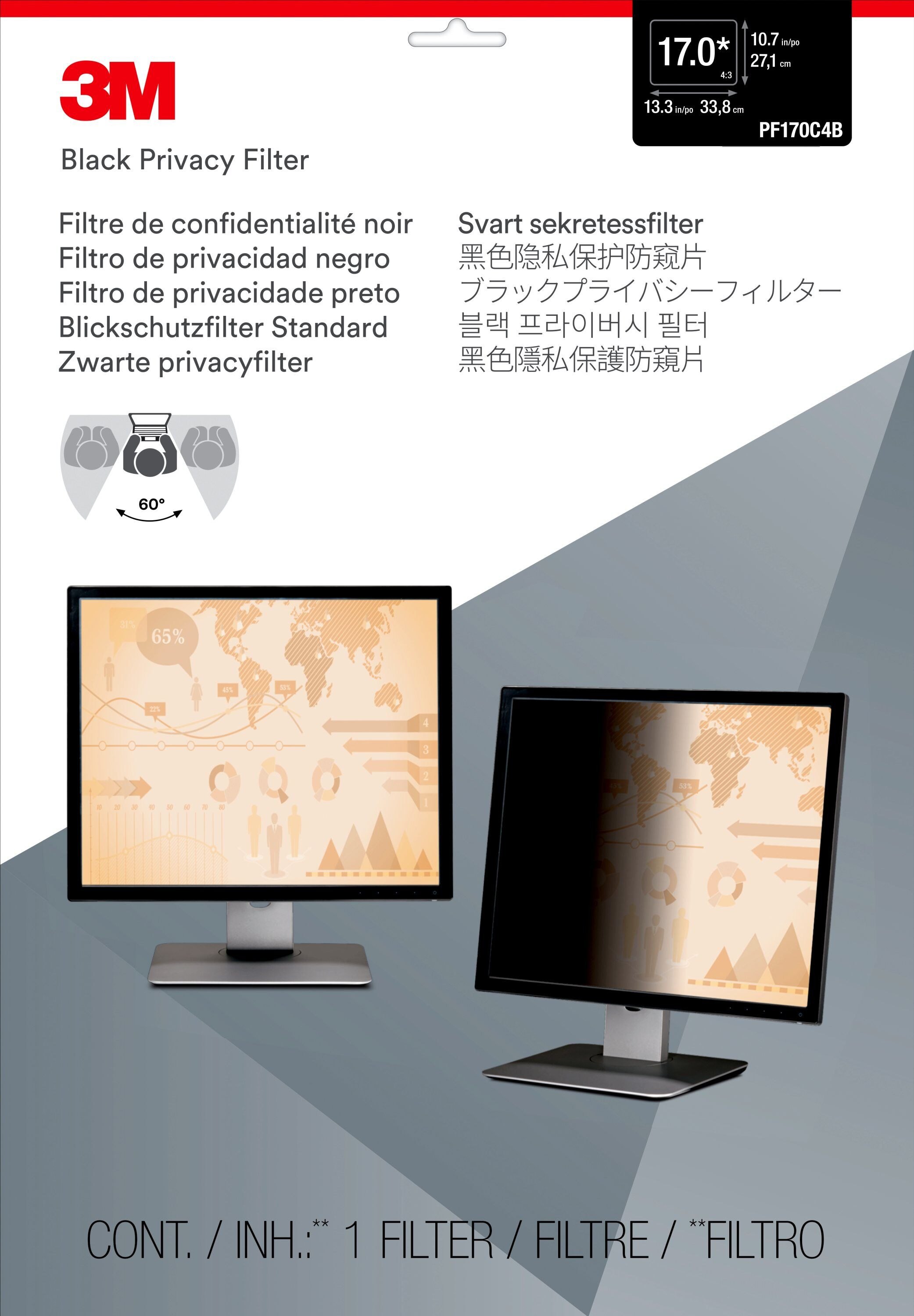 3M Blickschutzfilter für 17in Monitor, 5:4, PF170C4B, 43,2 cm (17"), 5:4, Monitor, Rahmenloser Blick