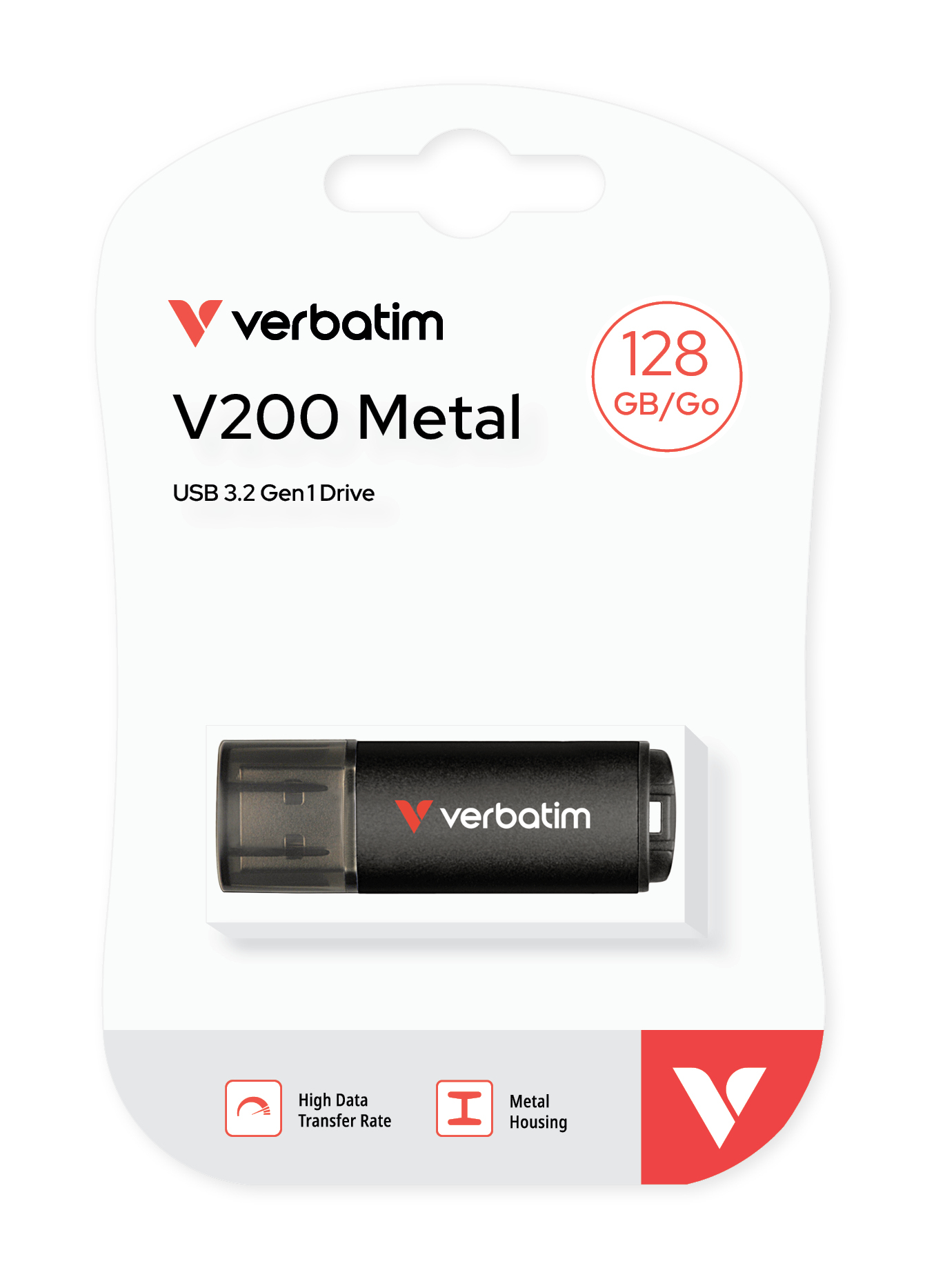 Verbatim V200 Metal USB Drive 128 GB, 128 GB, USB Typ-A, 3.2 Gen 1 (3.1 Gen 1), 200 MB/s, Kappe, Sch