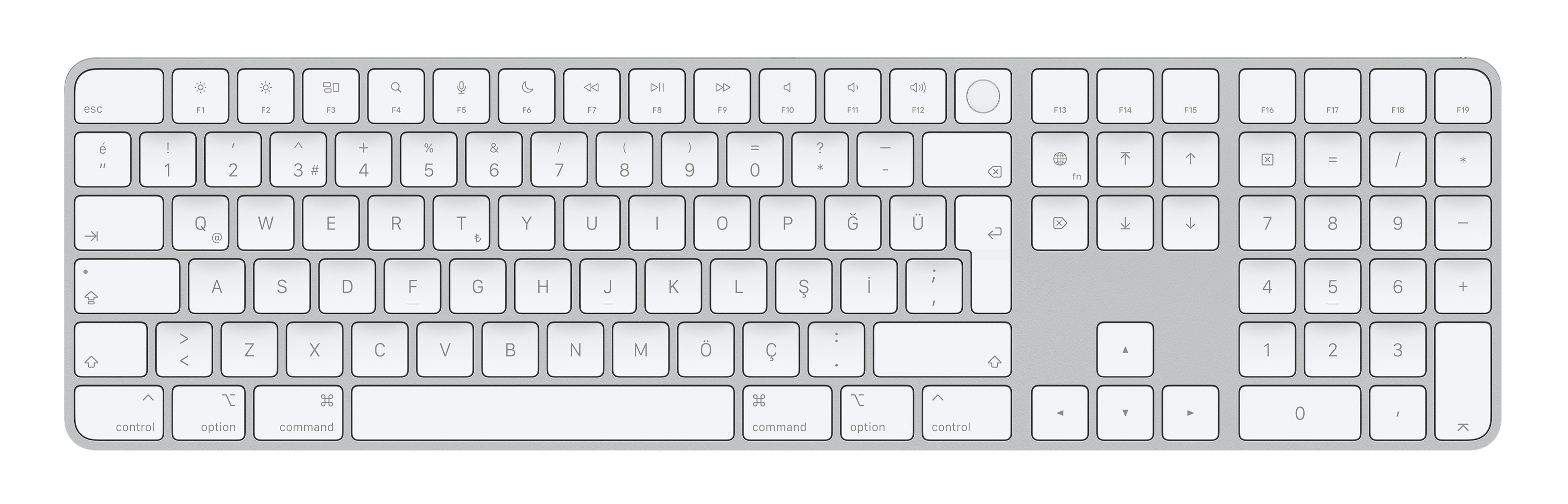 Apple Magic, Volle Größe (100%), Verkabelt & Kabellos, USB + Bluetooth, Aluminium, Weiß