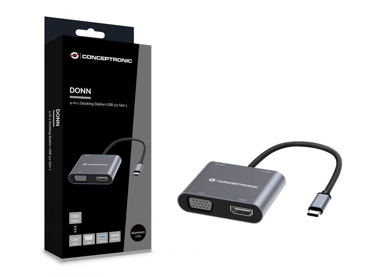 Conceptronic DONN16G, Kabelgebunden, USB 3.2 Gen 1 (3.1 Gen 1) Type-C, 100 W, Grau, 5 Gbit/s, 4K Ult
