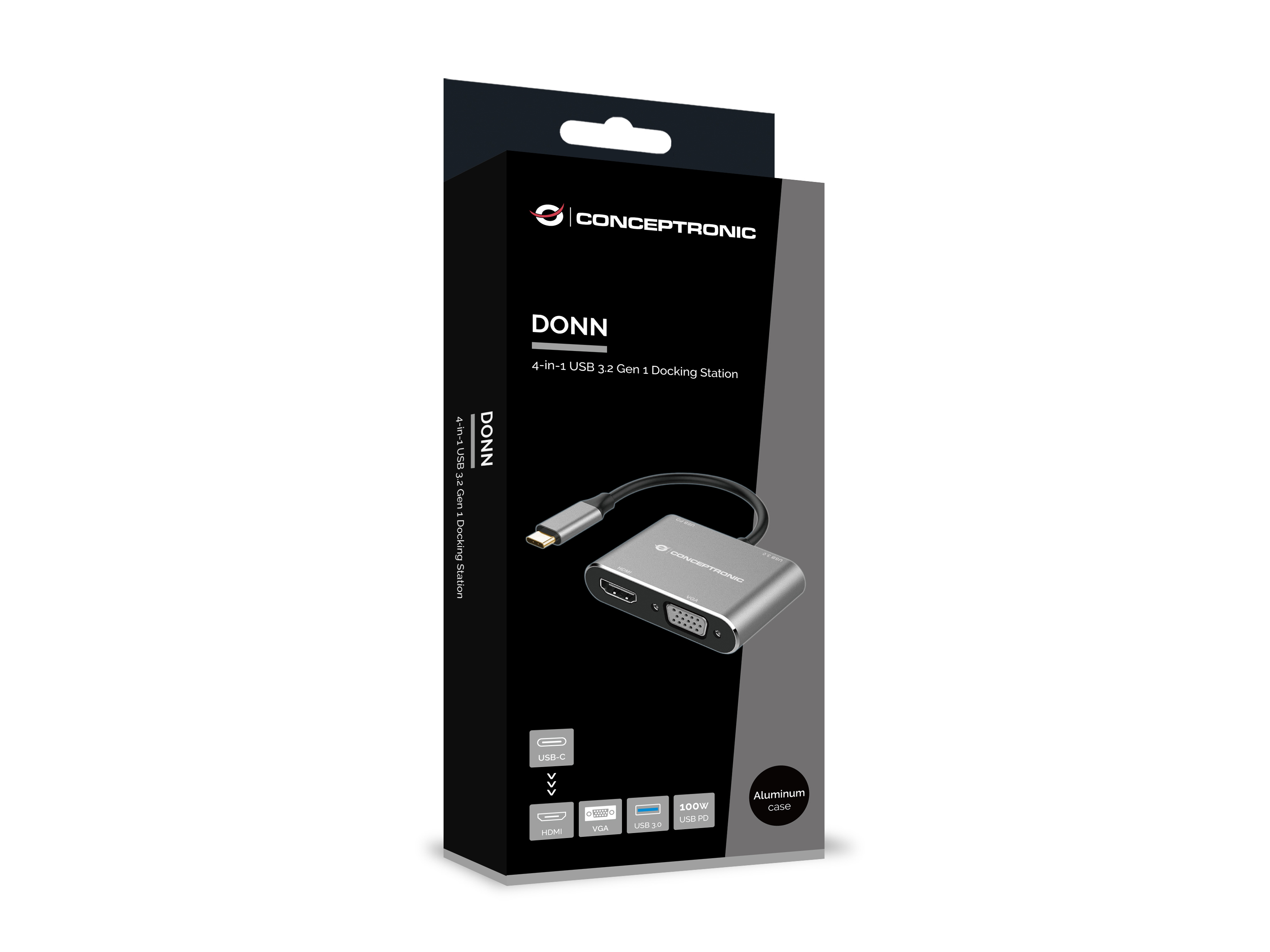 Conceptronic DONN16G 4-in-1 USB 3.2 Gen 1 Dockingstation, HDMI, VGA, USB-A 3.0, 100W USB PD, Kabelge