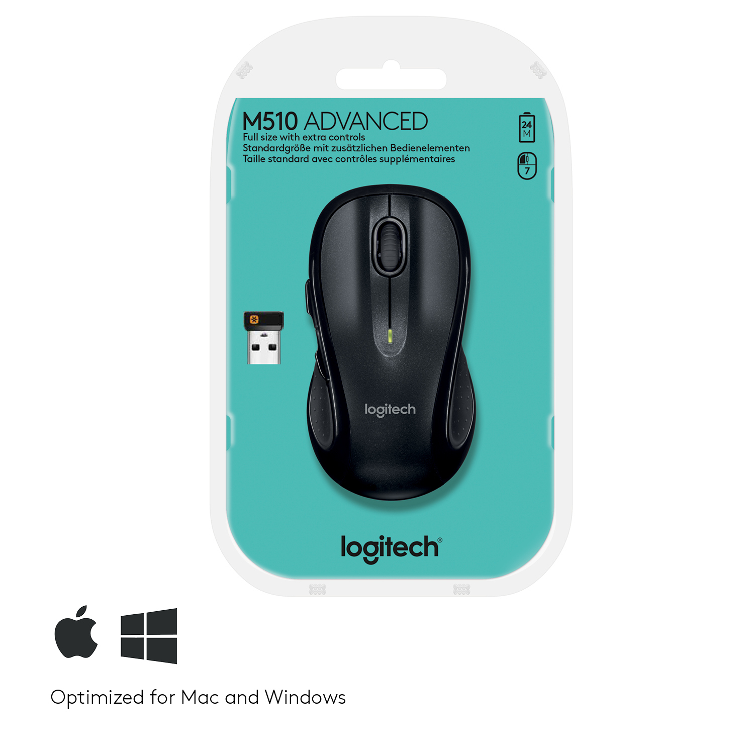 Logitech M510 - Maus - Für Rechtshänder - Laser - 5 Tasten - kabellos - 2.4 GHz - kabelloser Empfäng