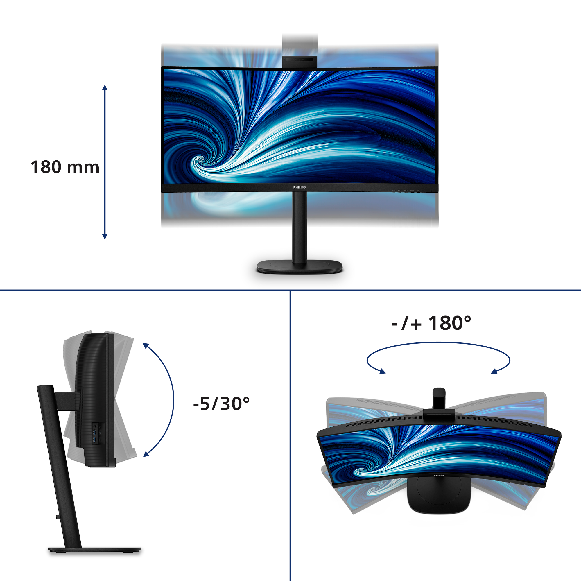 Philips 3000 Series 34B2U3600CH Curved-Monitor 86.4cm (34") UWQHD, VA, 4ms, HDMI, DP, USB-C, RJ45