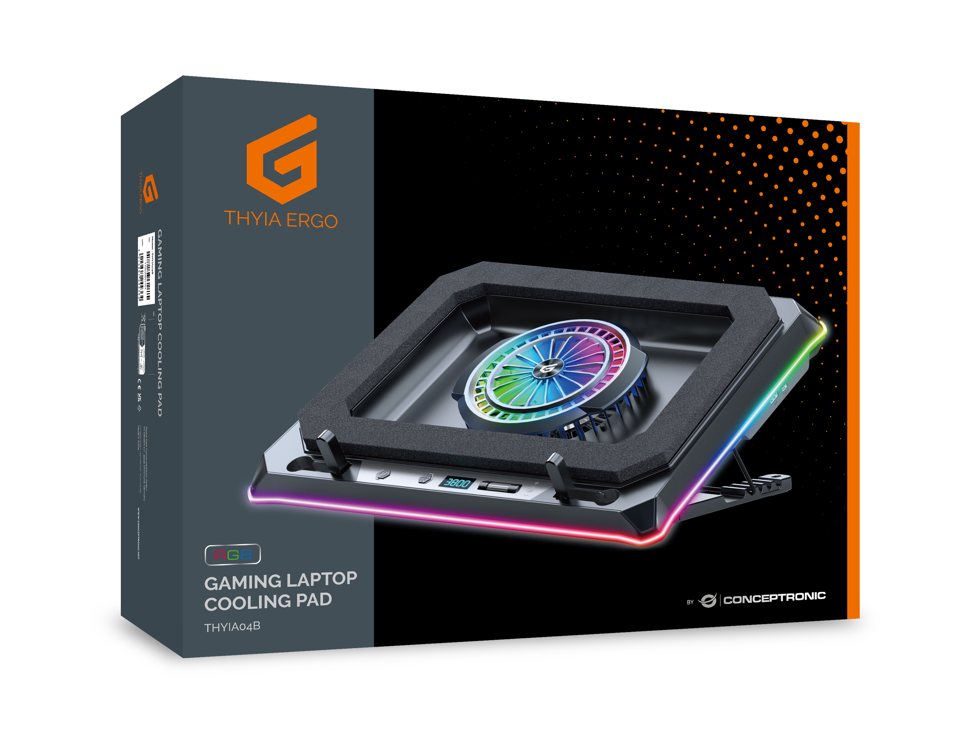 Conceptronic THYIA04B Gaming Laptop-Kühlpad mit RGB, versiegeltem Schaumdesign und Smartphone-Halter