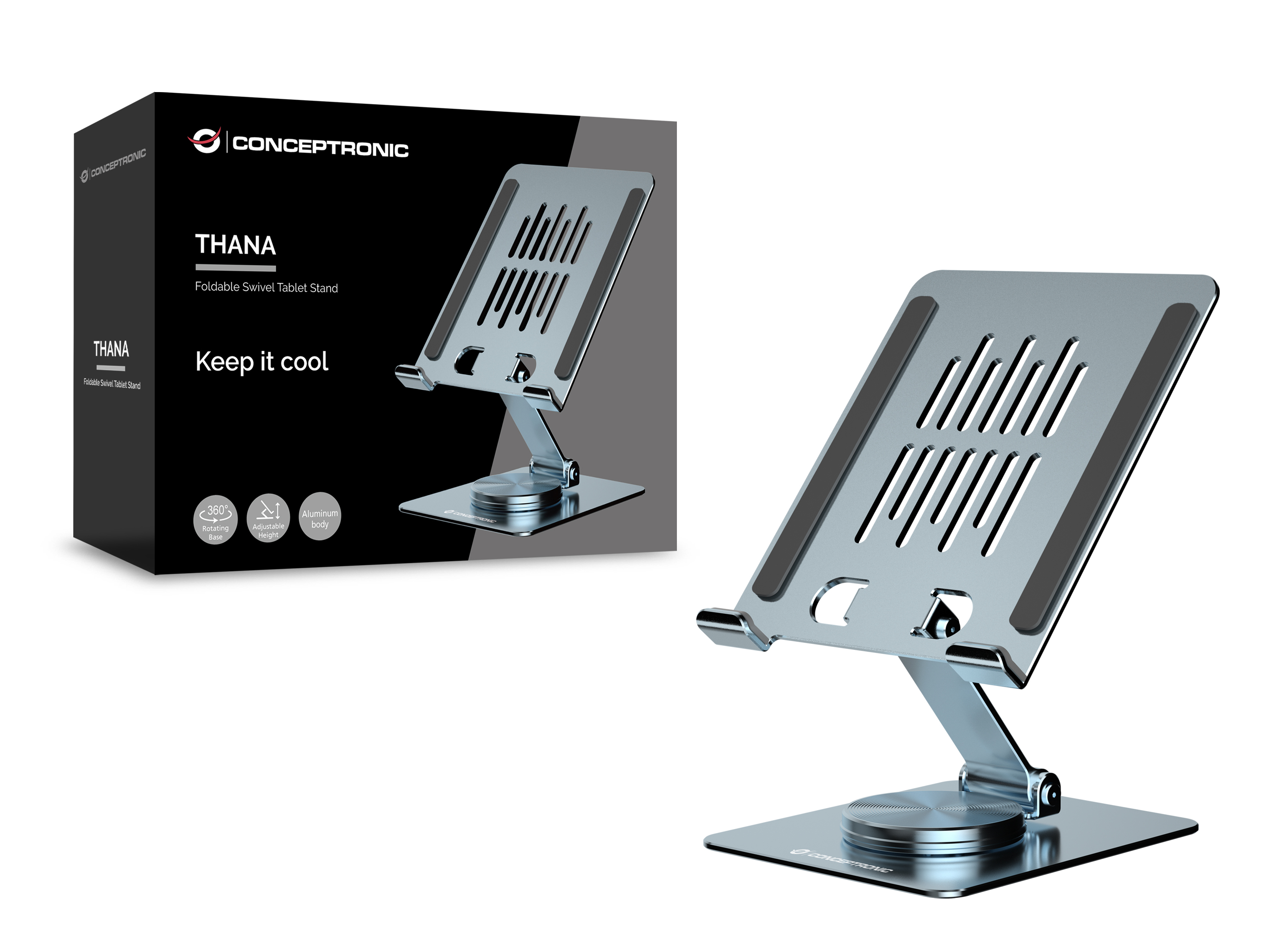 Conceptronic THANA09G Faltbarer und drehbarer Tabletständer, 360° drehbare Basis, höhenverstellbar, 