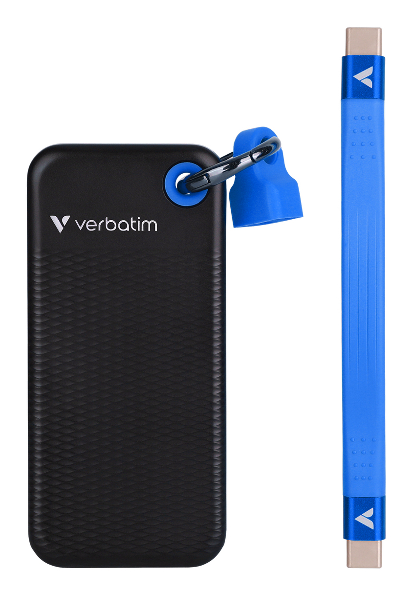 Verbatim Pocket SSD Schlüsselanhänger mit Kabelbefestigung - 128GB Schwarz/Blau, 128 GB, USB Typ-C,