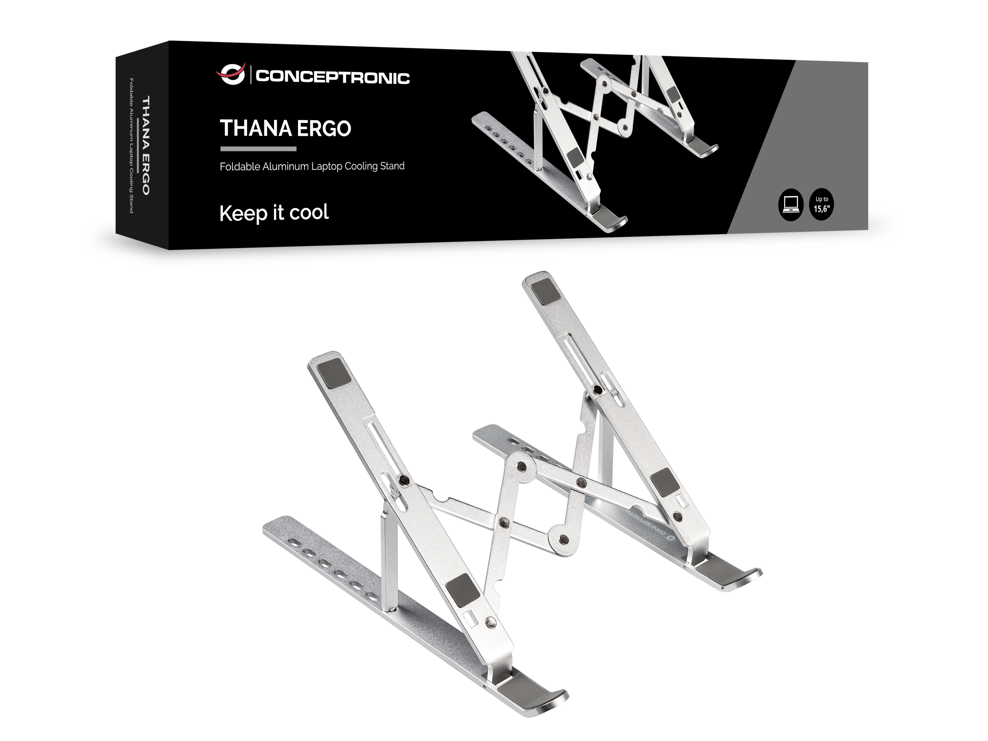 Conceptronic THANA04S ERGO Klappbarer Laptop-Kühlständer aus Aluminium, Laptop-Ständer, Silber, Alum