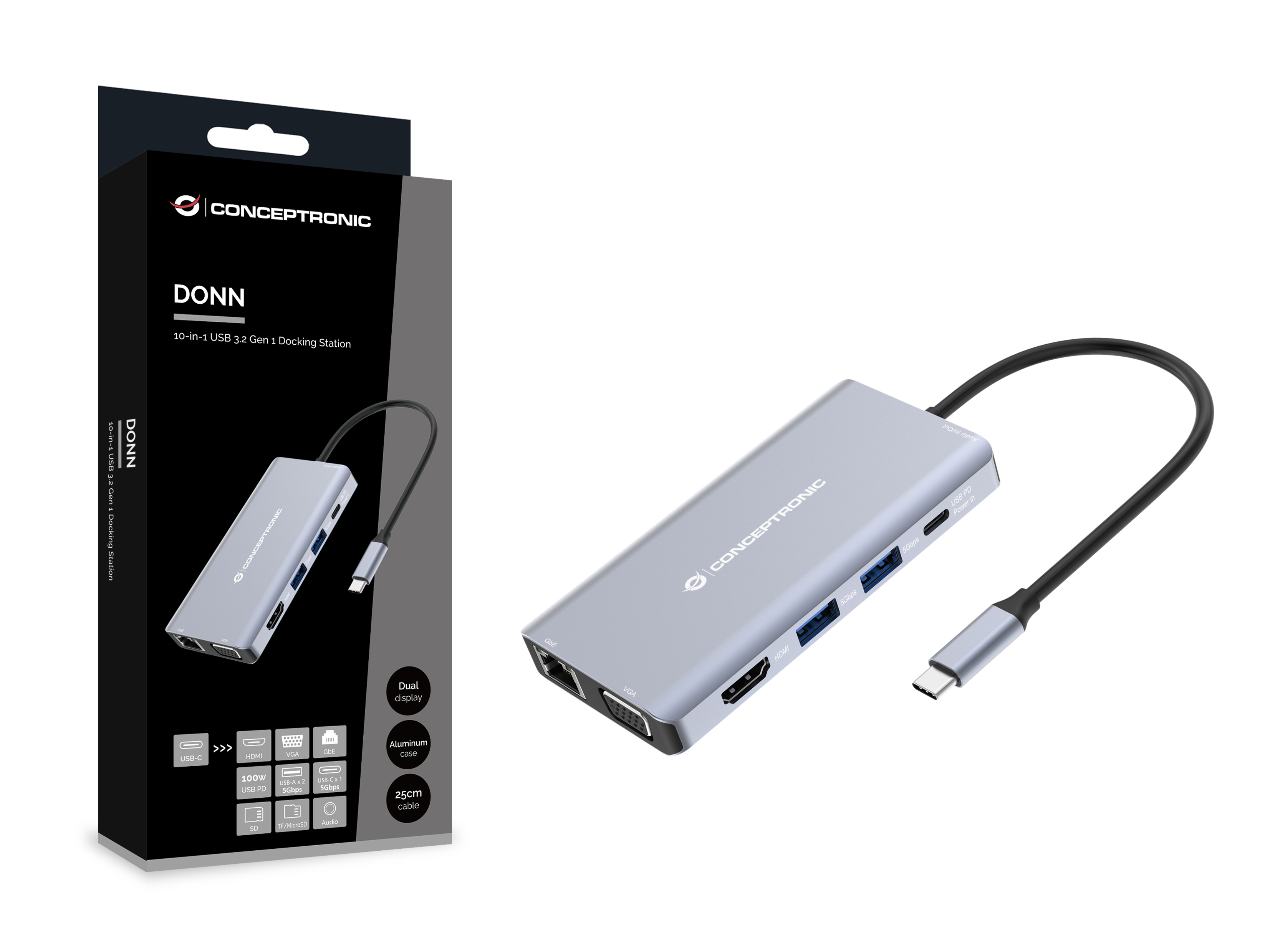 Conceptronic DONN20G 10-in-1 USB 3.2 Gen 1 Dockingstation, HDMI, VGA, USB-A 5Gbps, USB-C 5Gbps, SD, 