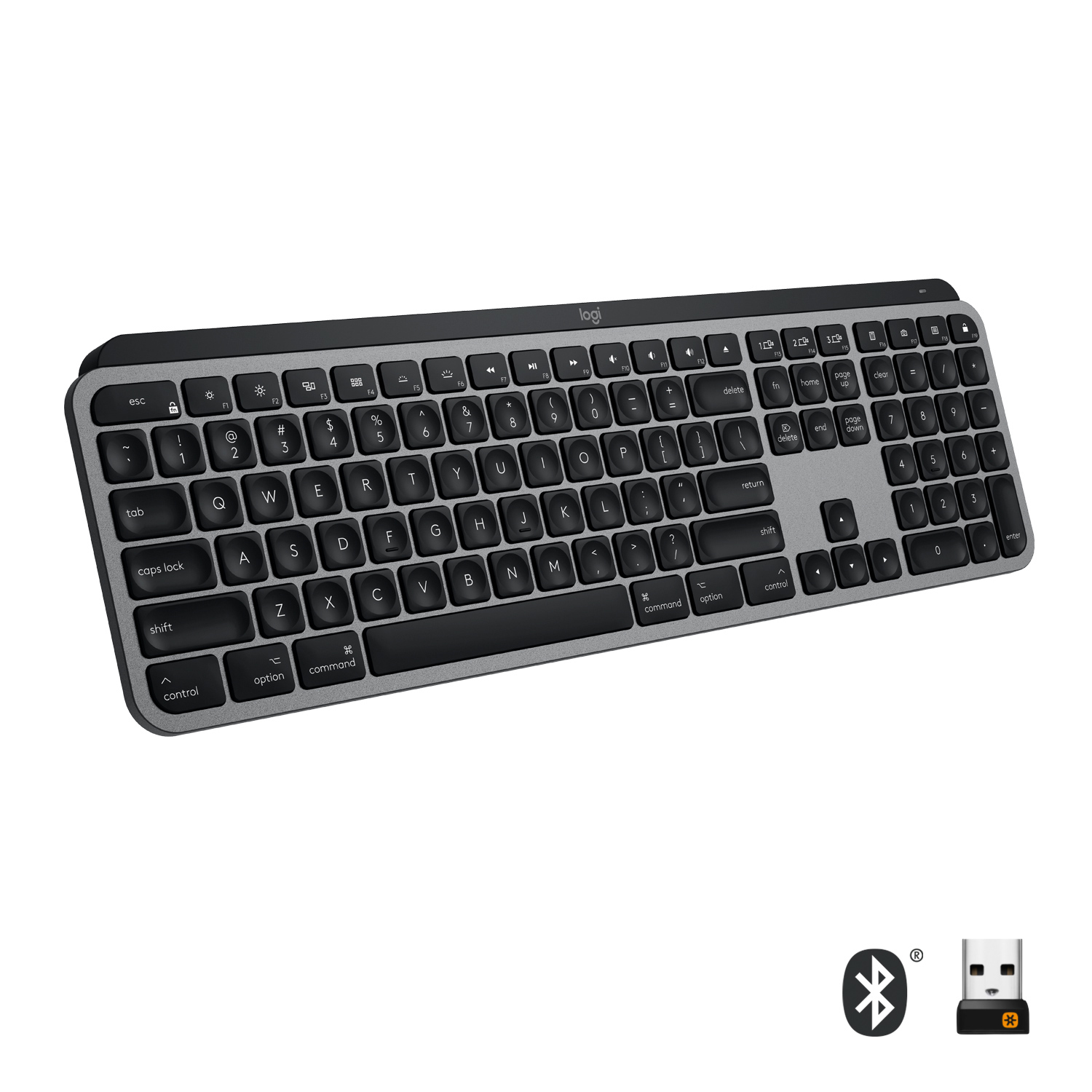 Logitech MX Keys f/ Mac, Volle Größe (100%), Kabellos, RF Wireless + Bluetooth, AZERTY, Grau