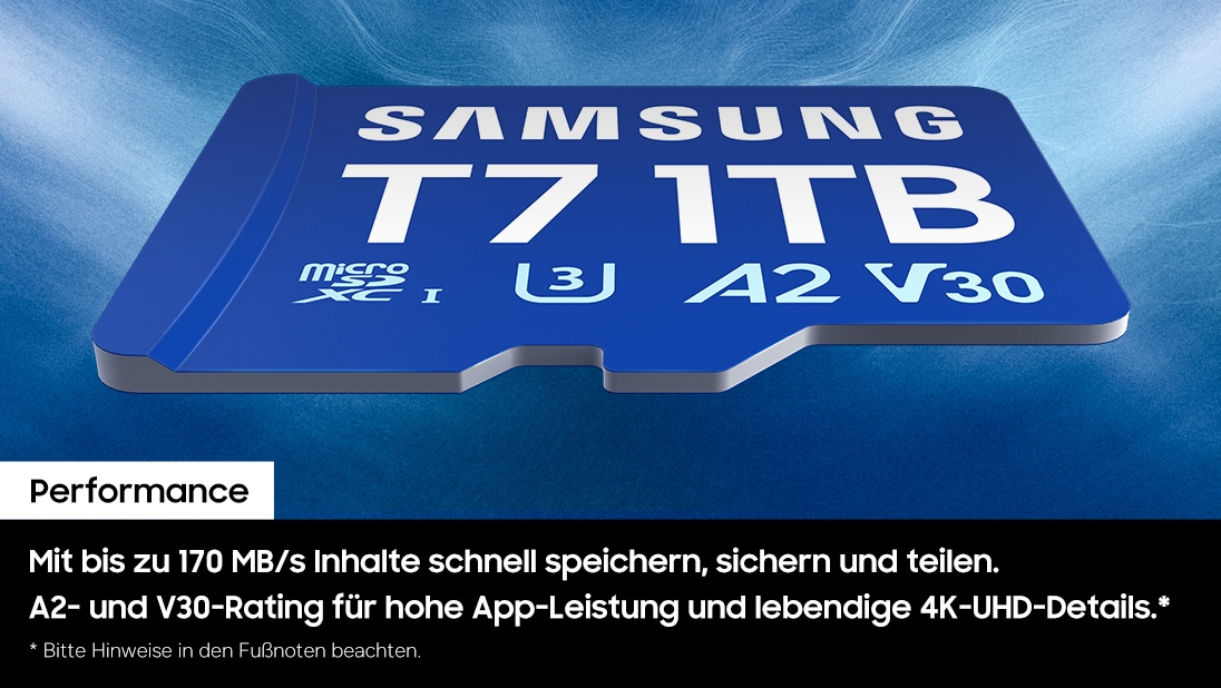 Samsung T7 microSDXC? UHS-I Speicherkarte - 512 GB, 512 GB, MicroSDHC, Klasse 10, UHS-I, 170 MB/s, C