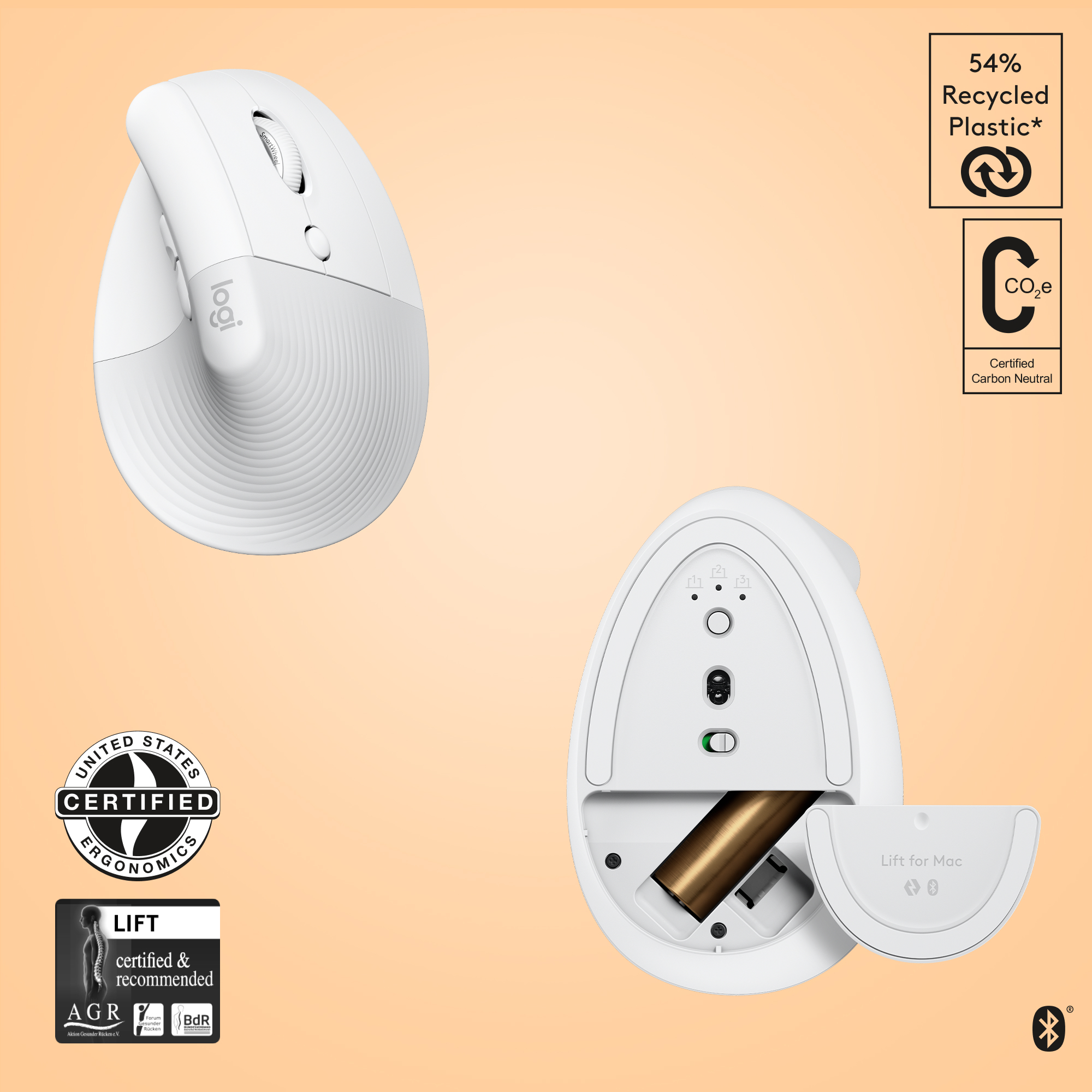Logitech Lift for Mac Vertical Ergonomic Mouse, Off-White, Logi Bolt, USB/Bluetooth