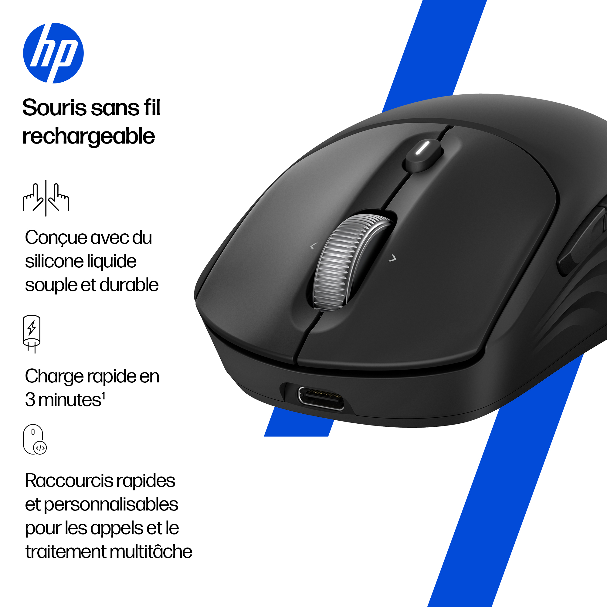 HP 705 Wiederaufladbare Wireless-Maus, Beidhändig, Bluetooth + USB Type-A, 6000 DPI, Schwarz