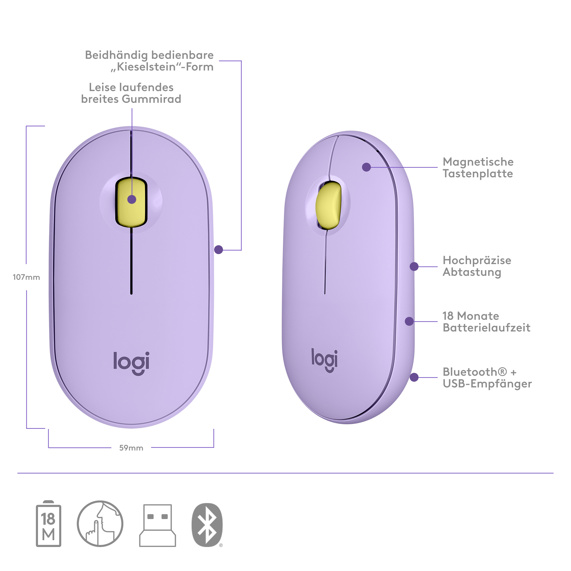 Logitech Pebble M350 - Maus - optisch - 3 Tasten - kabellos - Bluetooth - kabelloser Empfänger (USB)