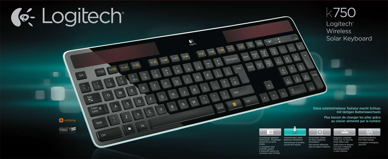 Logitech K750 Wireless Solar Keyboard, USB, DE