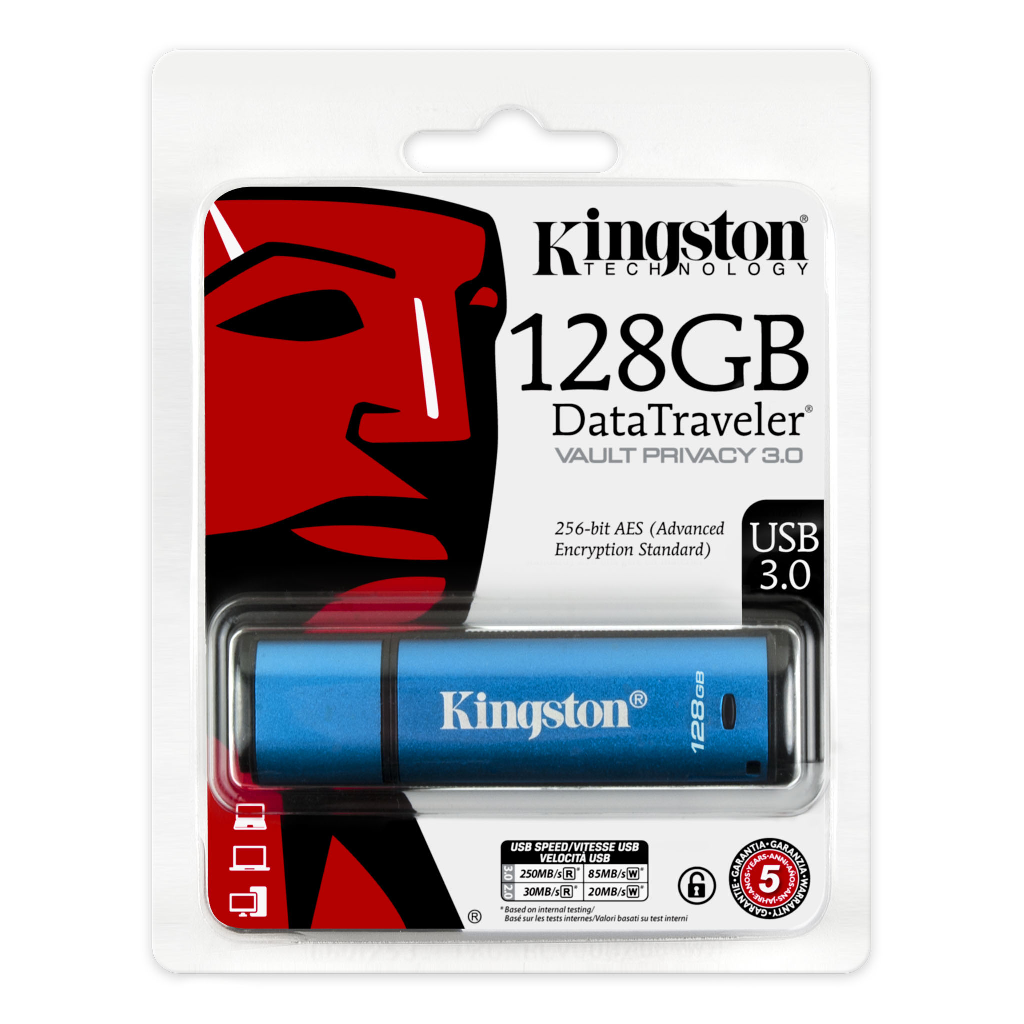 Kingston DataTraveler VP30, 128 GB, USB Typ-A, 3.2 Gen 2 (3.1 Gen 2), 250 MB/s, Kappe, Blau