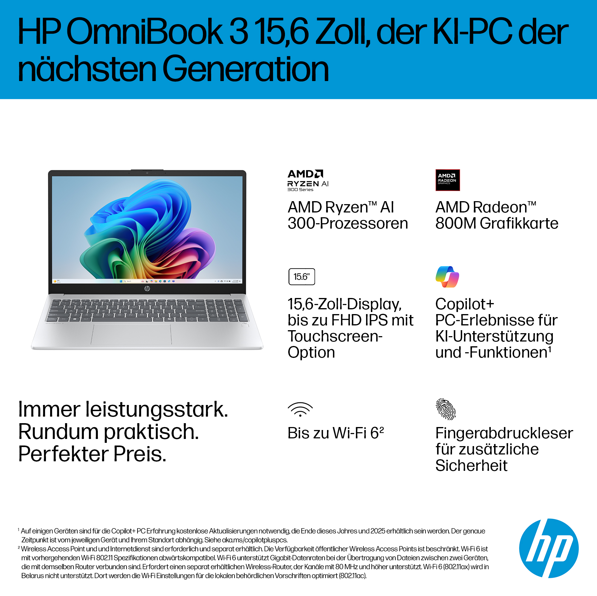 HP OmniBook 3 NGAI OmniBook 3 Next Gen AI 15-fn0653ng, AMD Ryzen AI 5, 3,4 GHz, 39,6 cm (15.6"), 192