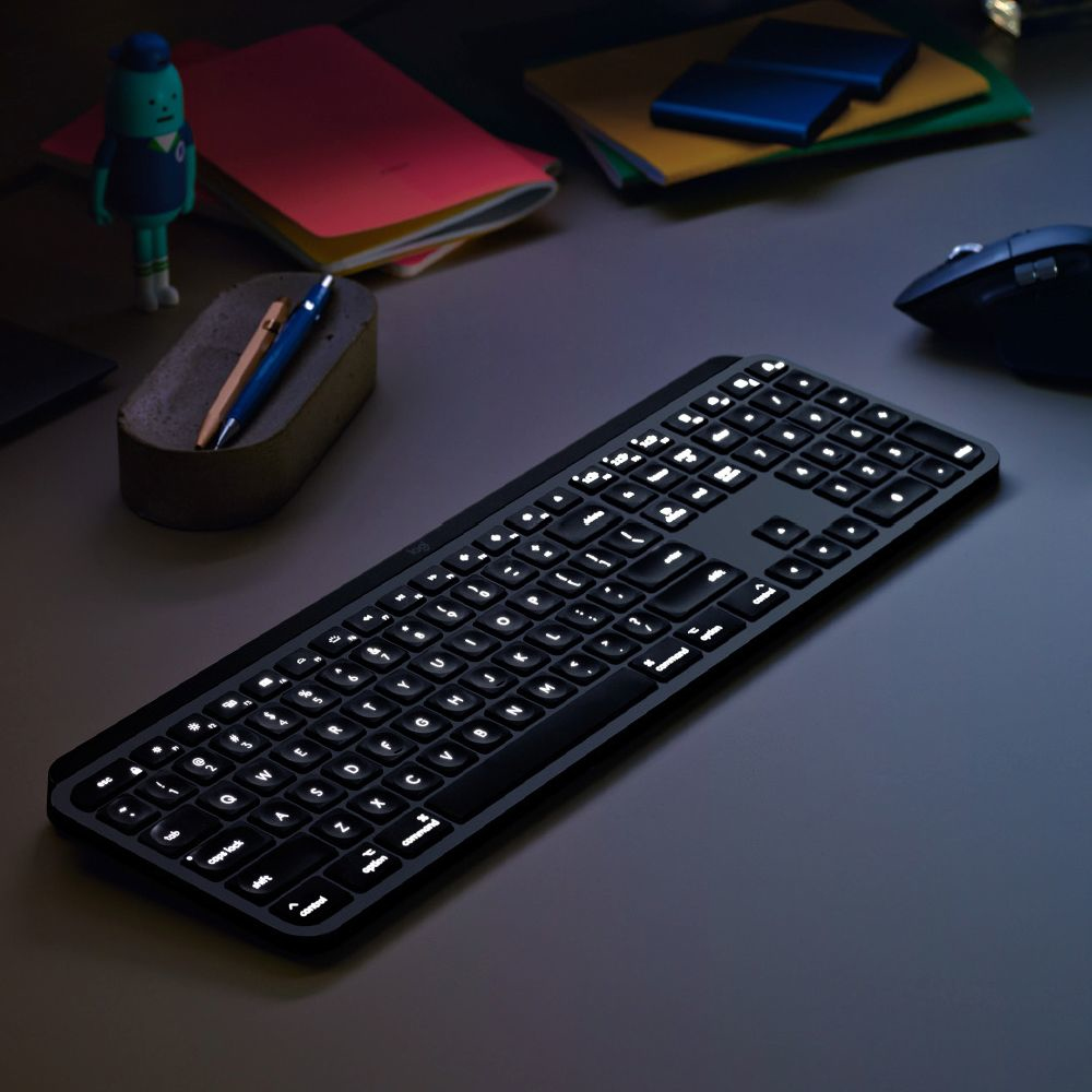 Logitech MX Keys f/ Mac, Volle Größe (100%), Kabellos, RF Wireless + Bluetooth, QWERTY, Grau