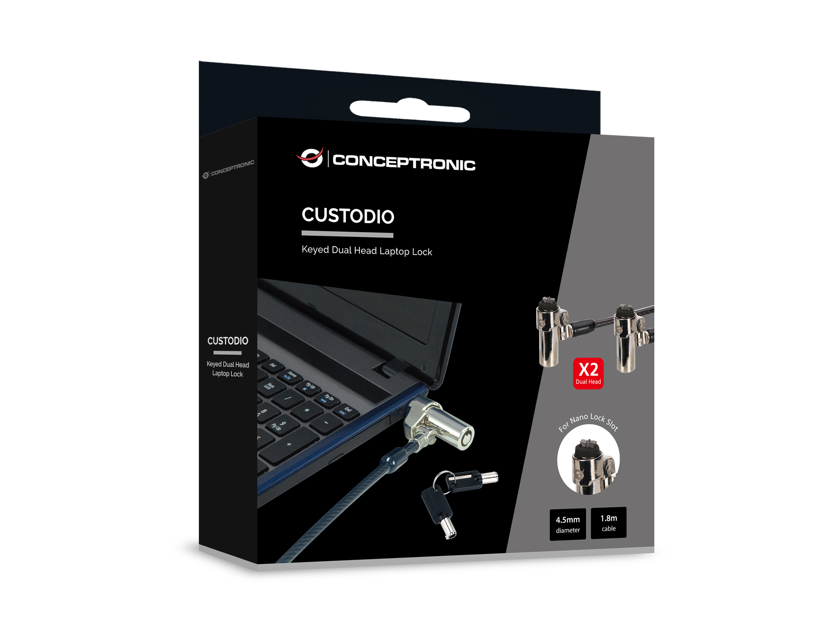 Conceptronic CUSTODIO02BNTM Dual-Head Laptop-Schloss mit Schlüssel, Nano-Sicherheitsslot, Master-Key