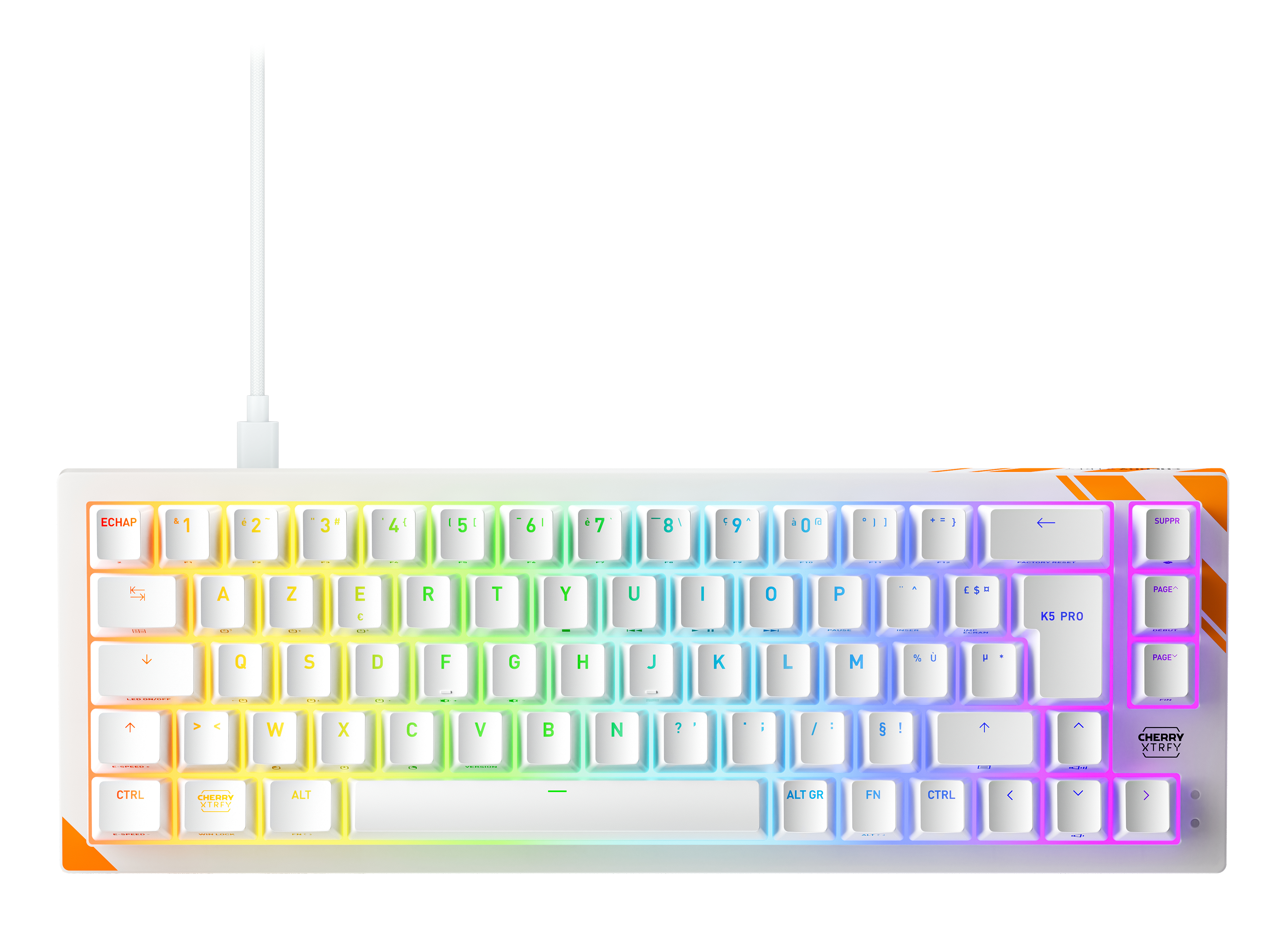 Cherry K5 PRO TMR COMPACT, Kabelgebunden, USB, Mechanischer Switch, AZERTY, RGB-LED, Orange, Weiß