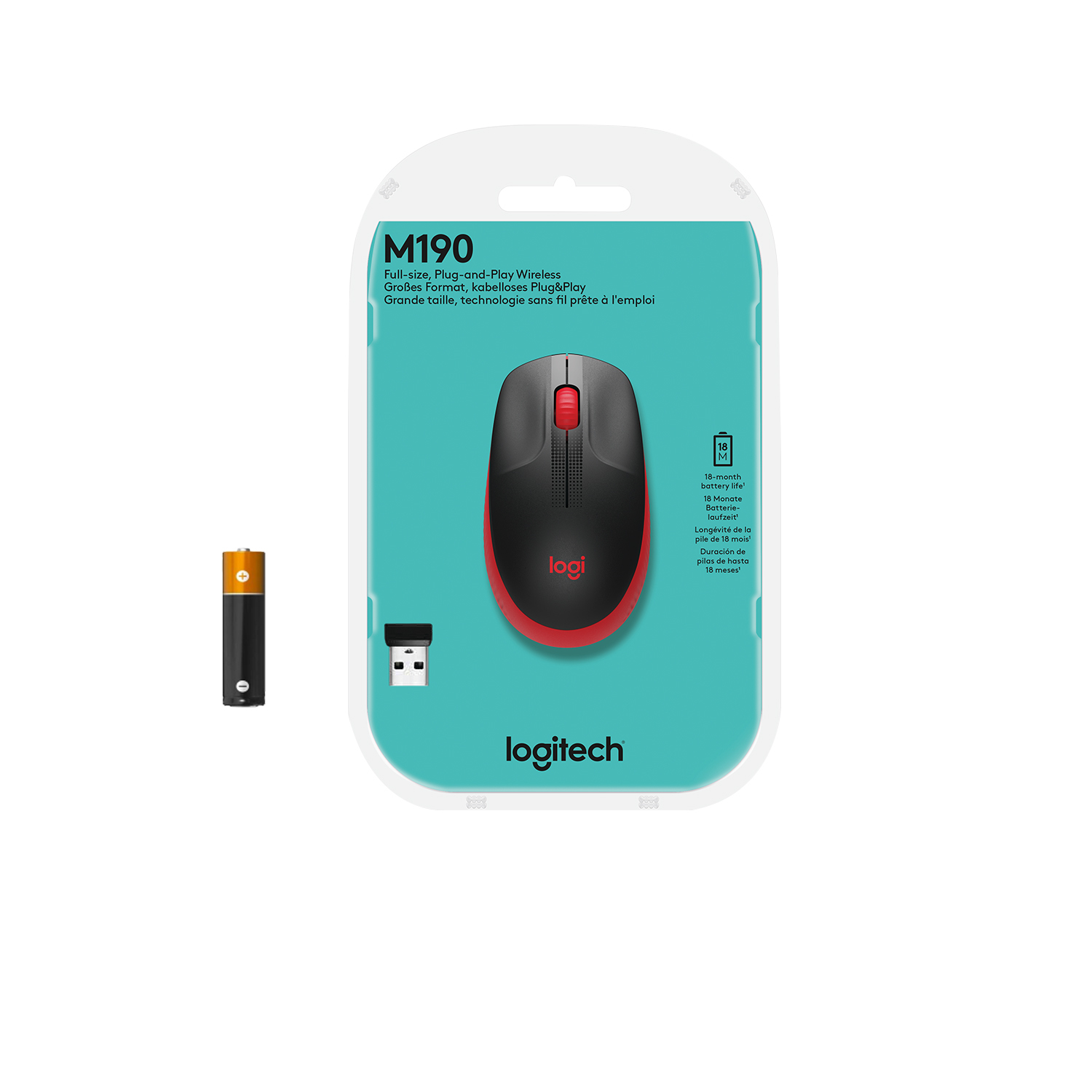 Logitech M190 - Maus - optisch - 3 Tasten - kabellos - kabelloser Empfänger (USB)