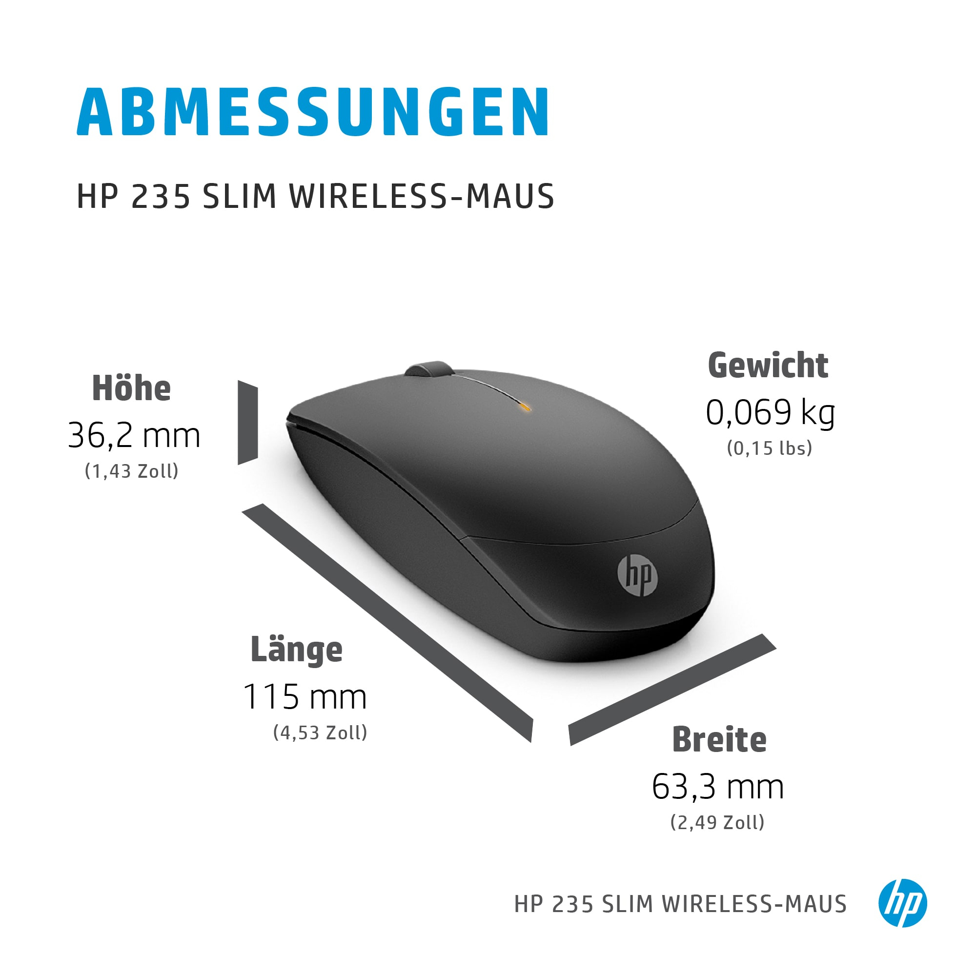HP 235 Slim - Maus - optisch - 3 Tasten - kabellos - 2.4 GHz - kabelloser Empfänger (USB)