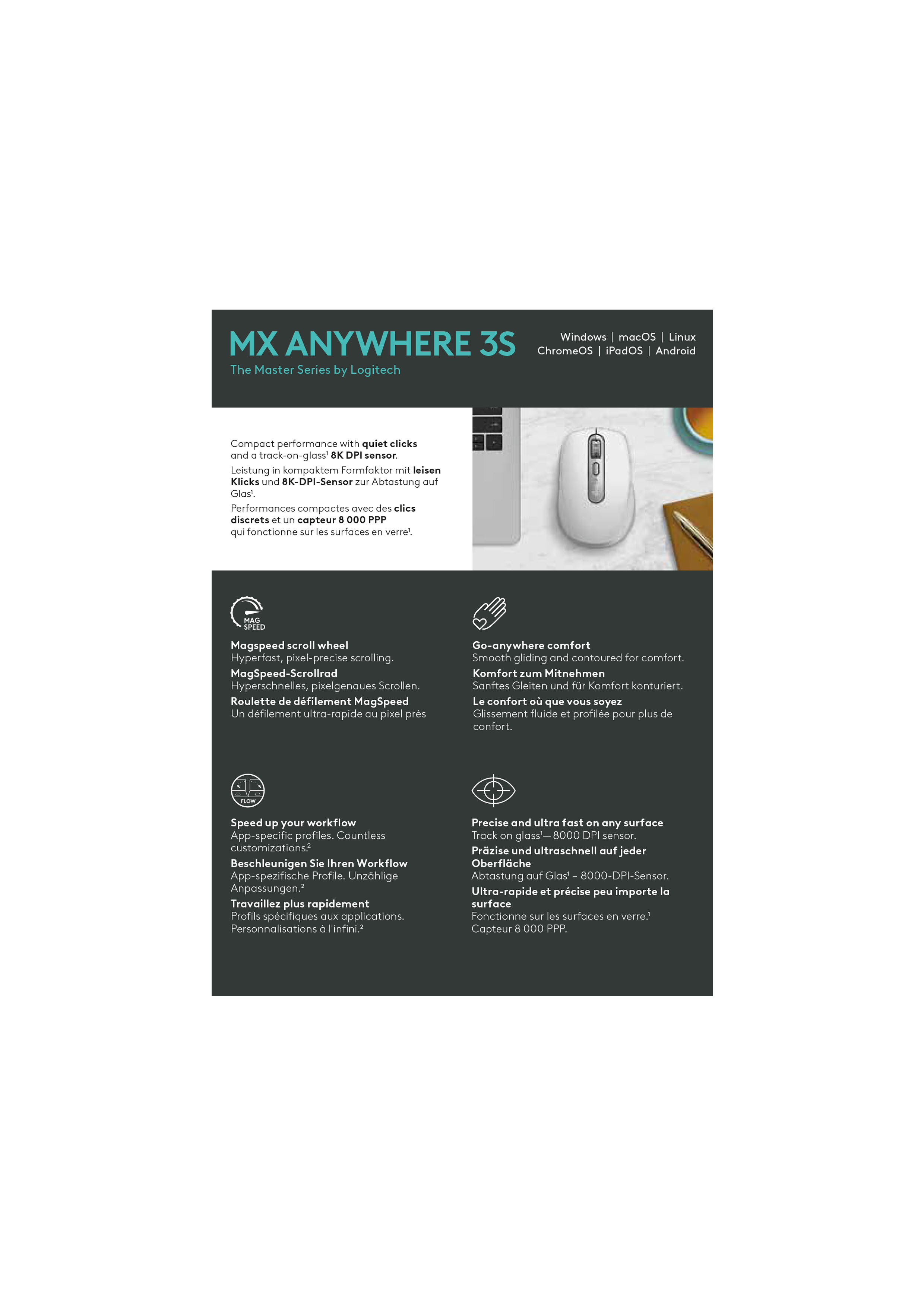 Logitech MX Anywhere 3S Pale Grey, weiß/grau, Logi Bolt, USB/Bluetooth