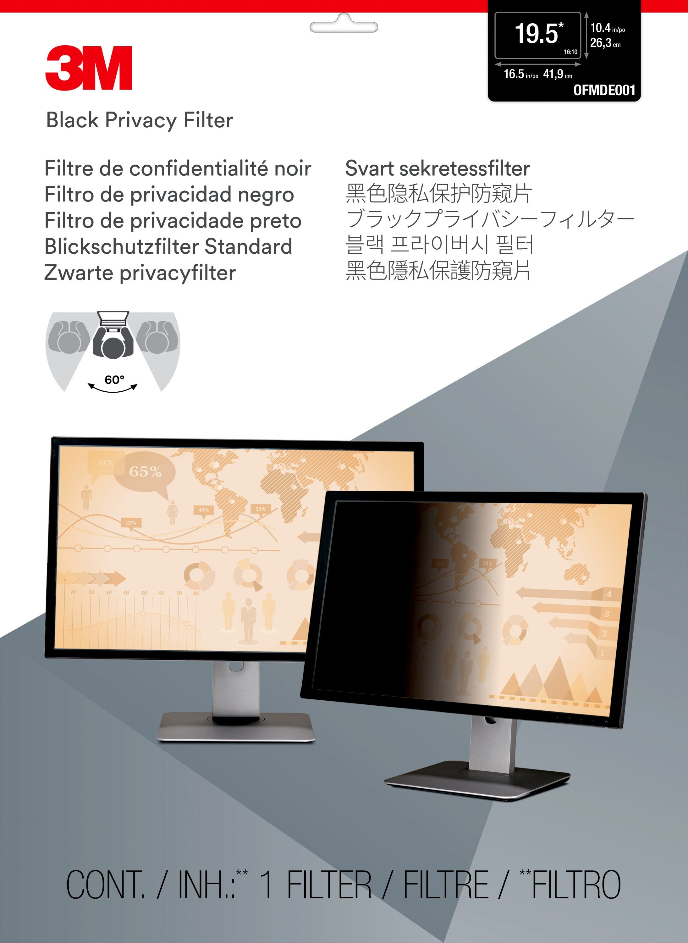 3M Blickschutzfilter für 19.5in Monitor, 16:10, PF195W1B, 49,5 cm (19.5"), 16:10, Monitor, Rahmenlos