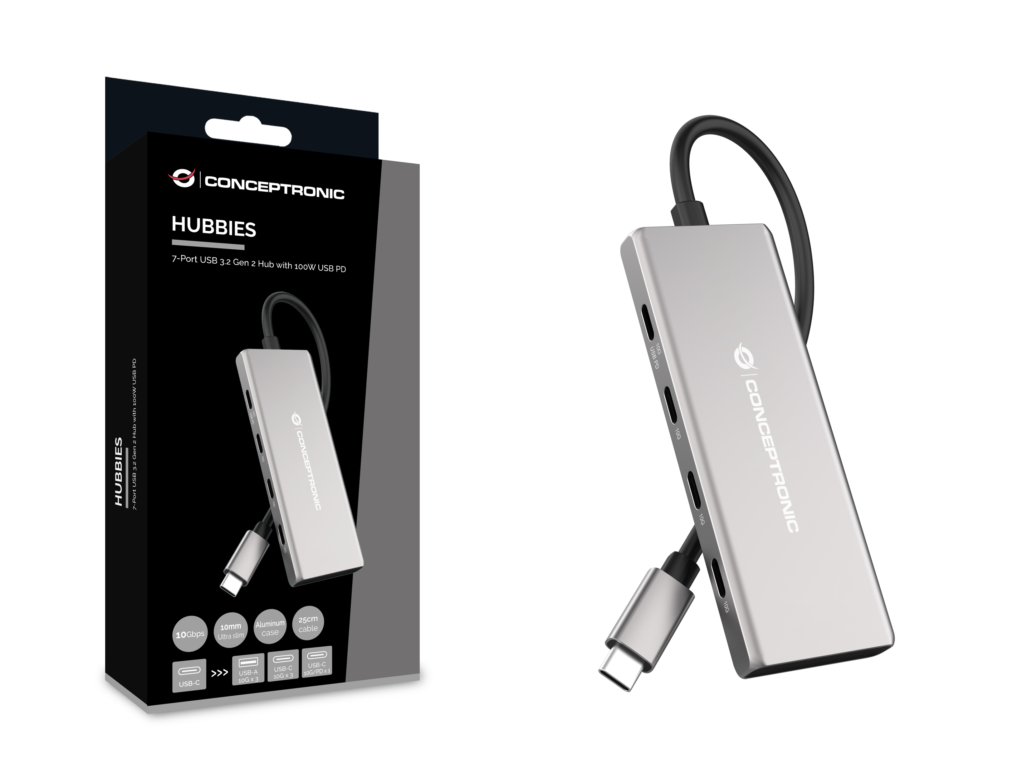 Conceptronic HUBBIES17G, USB 3.2 Gen 2 (3.1 Gen 2) Type-C, USB 3.2 Gen 2 (3.1 Gen 2) Type-A, USB 3.2