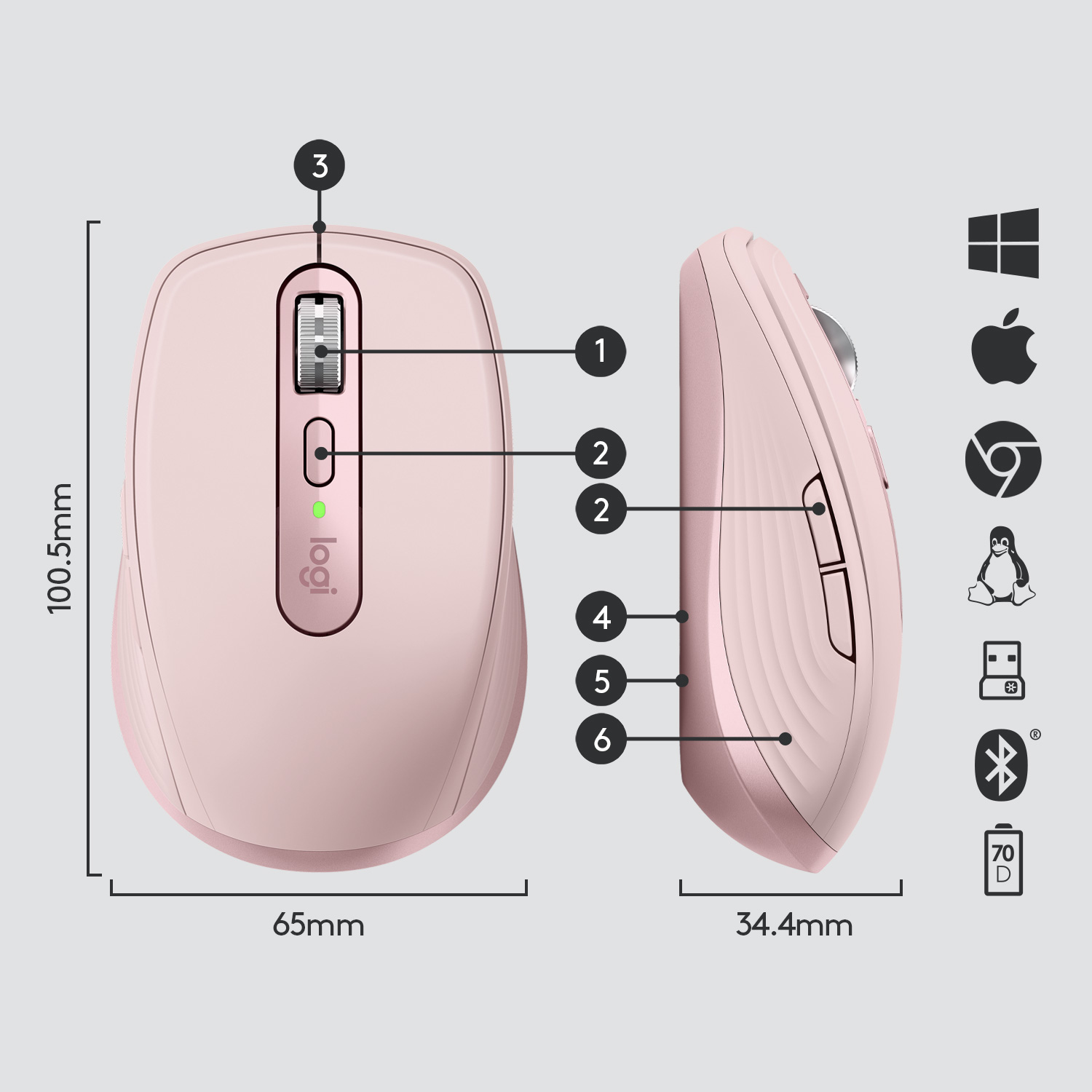 Logitech MX Anywhere 3 - Maus - Laser - 6 Tasten - kabellos - 2.4 GHz, Bluetooth - kabelloser Empfän