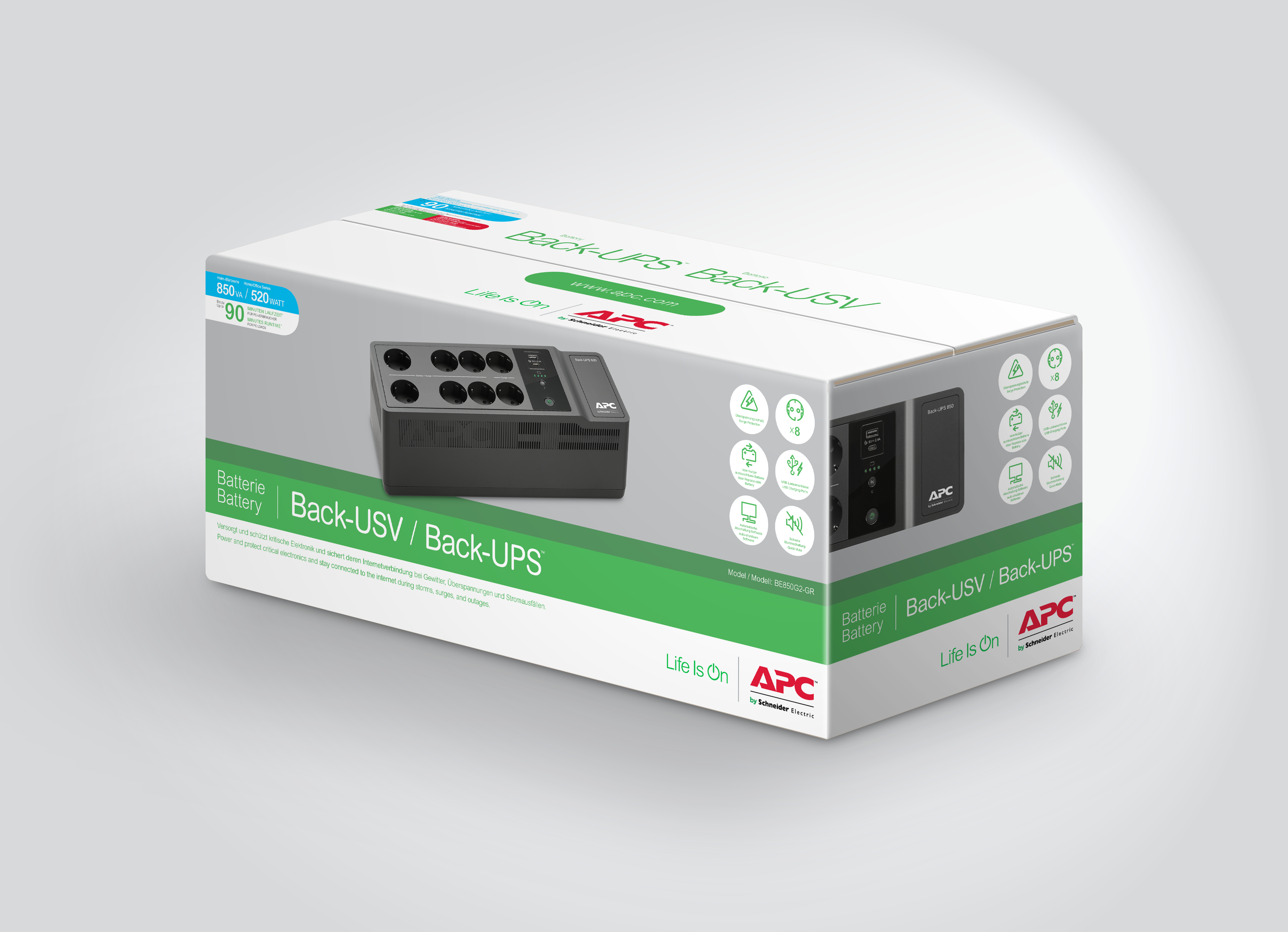 APC BE850G2-GR Back-UPS, 850VA, Steckdosenleiste, 8x Schuko, USB