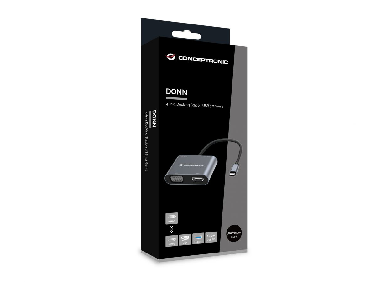 Conceptronic DONN16G, Kabelgebunden, USB 3.2 Gen 1 (3.1 Gen 1) Type-C, 100 W, Grau, 5 Gbit/s, 4K Ult