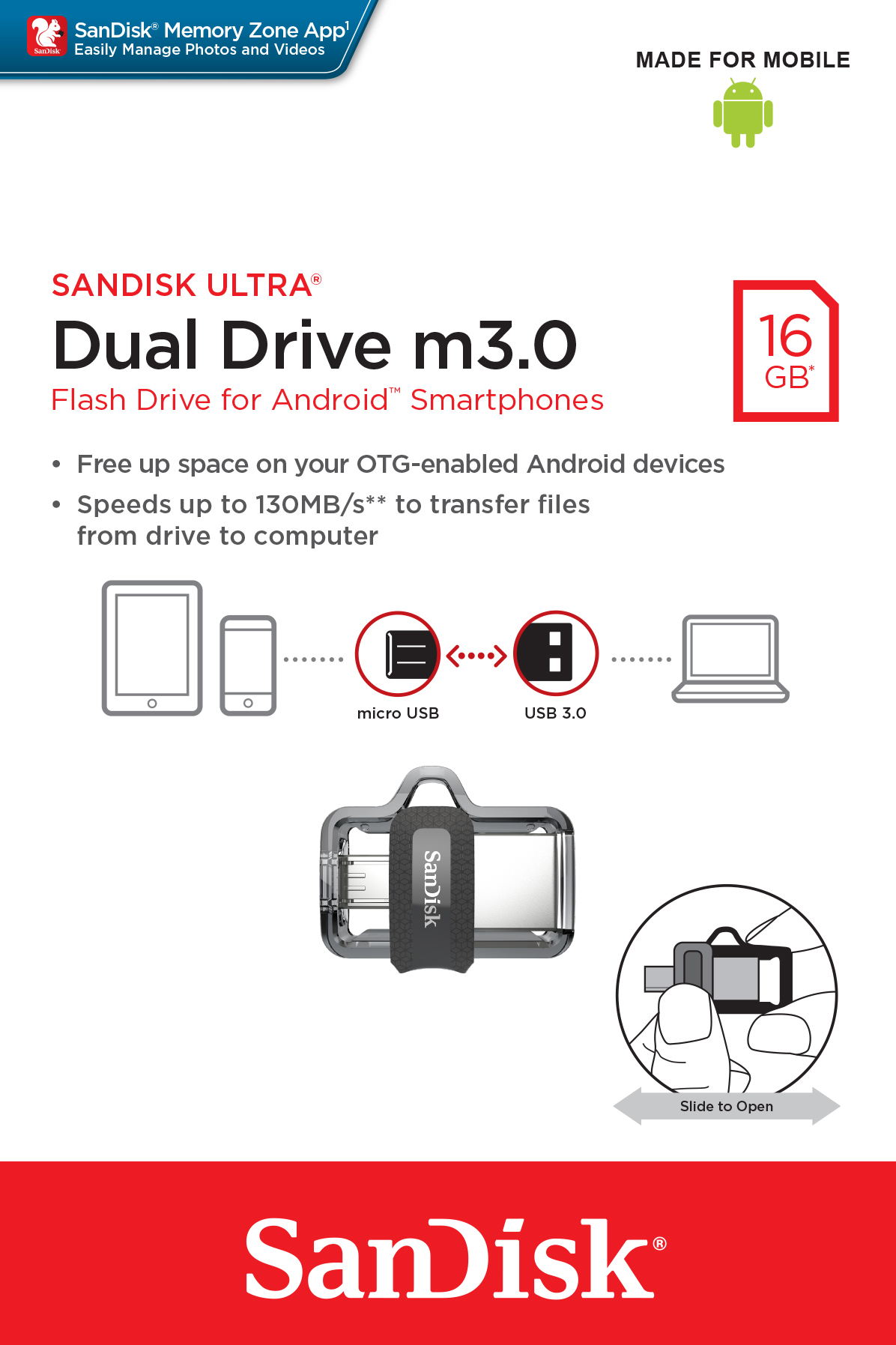 SanDisk Ultra Dual m3.0, 16 GB, USB Type-A / Micro-USB, 3.2 Gen 1 (3.1 Gen 1), Dia, 5,2 g, Schwarz,
