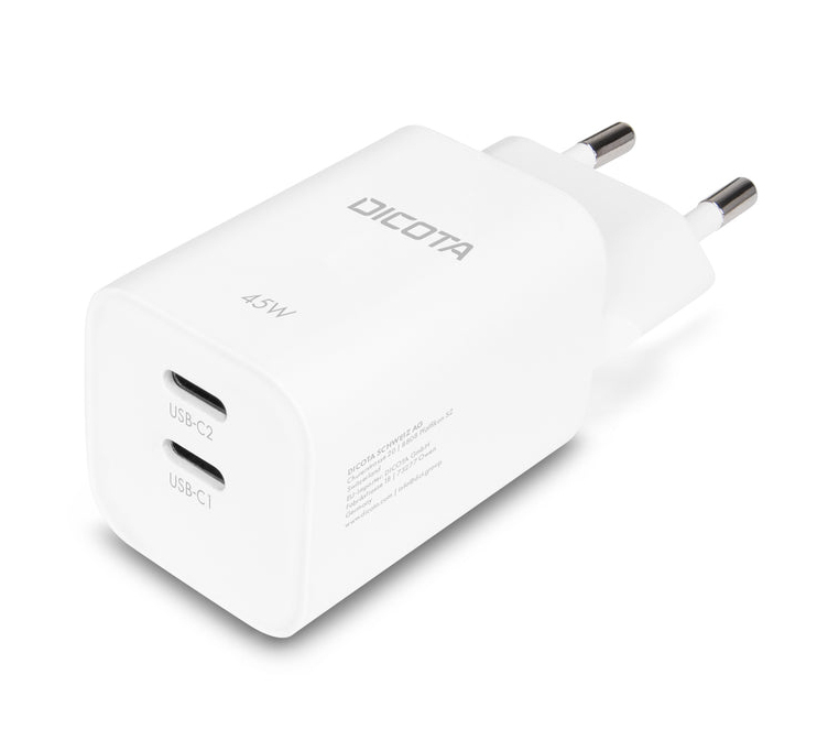 Dicota Netzteil - GaN - 45 watt - 3 A - PD 3.0 - 2 Ausgabeanschlussstellen (USB-C)