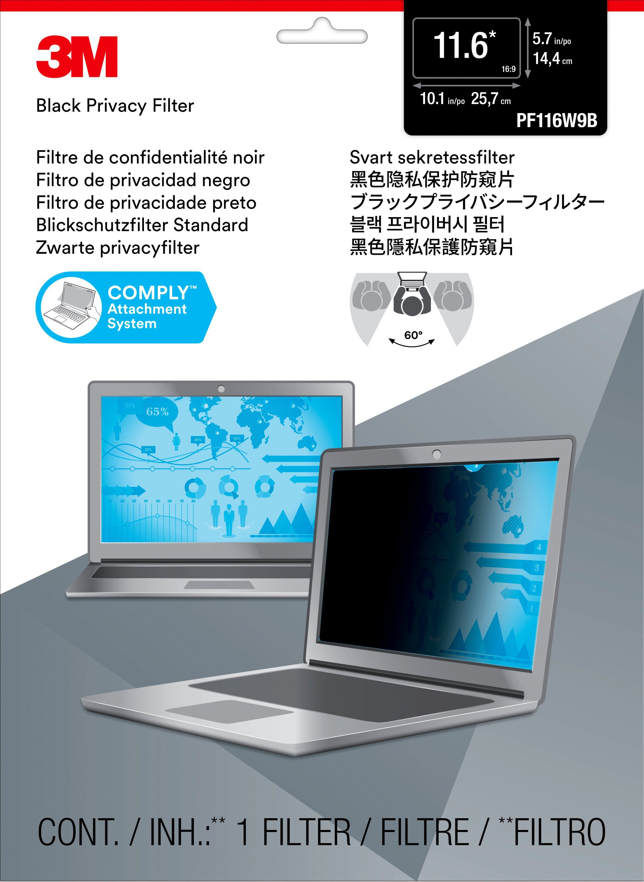 3M Blickschutzfilter für 11.6in Laptop, 16:9, PF116W9B, 29,5 cm (11.6"), 16:9, Laptop, Rahmenloser B
