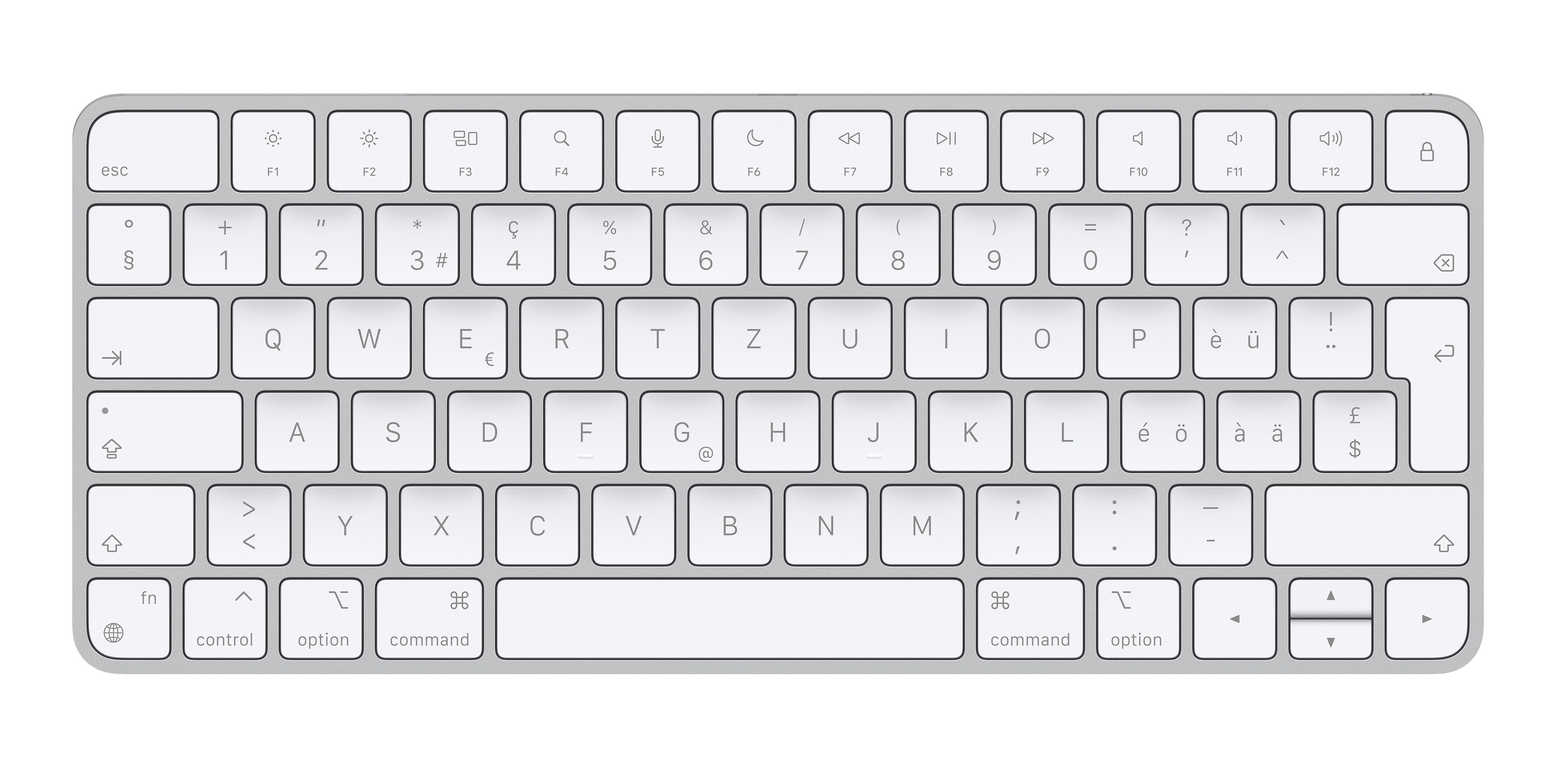 Apple Magic, 60%, Verkabelt & Kabellos, USB + Bluetooth, Aluminium, Weiß
