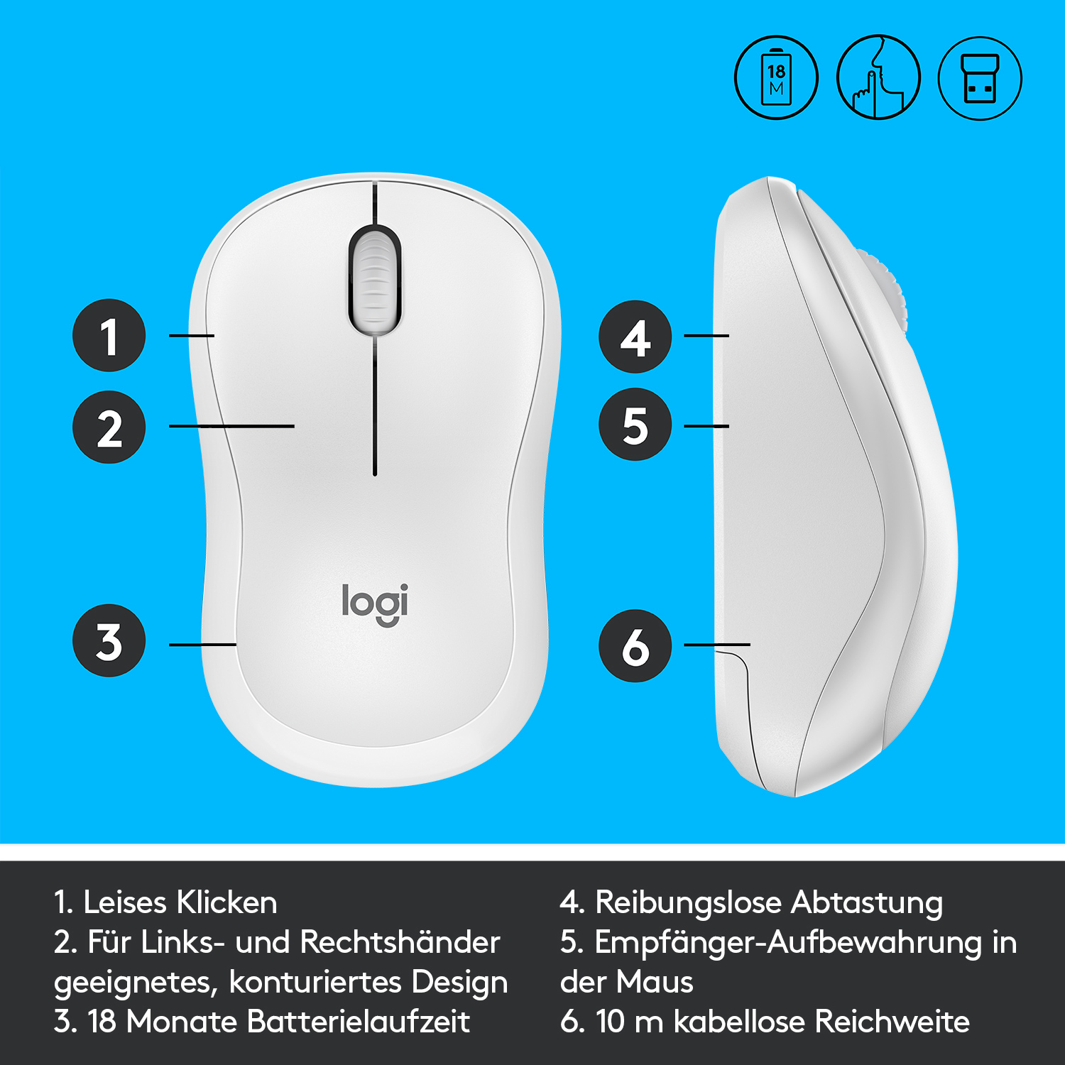 Logitech M220, Beidhändig, Optisch, RF Wireless, 1000 DPI, Weiß