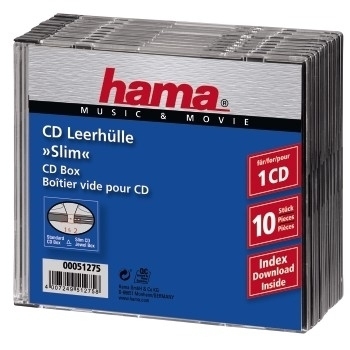Hama Slim Jewel Case für Speicher-CD - Kapazität: 1 CD - durchsichtig schwarz (Packung mit 10)