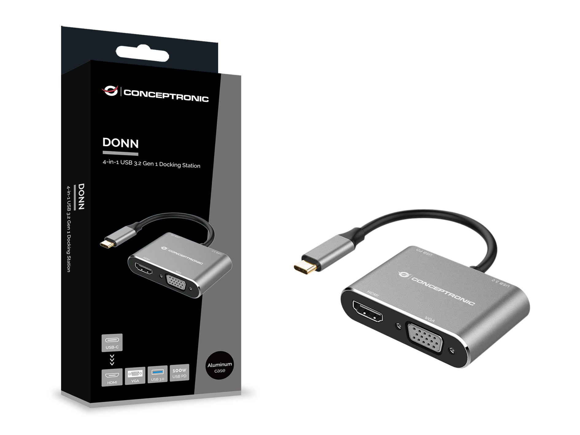 Conceptronic DONN16G 4-in-1 USB 3.2 Gen 1 Dockingstation, HDMI, VGA, USB-A 3.0, 100W USB PD, Kabelge